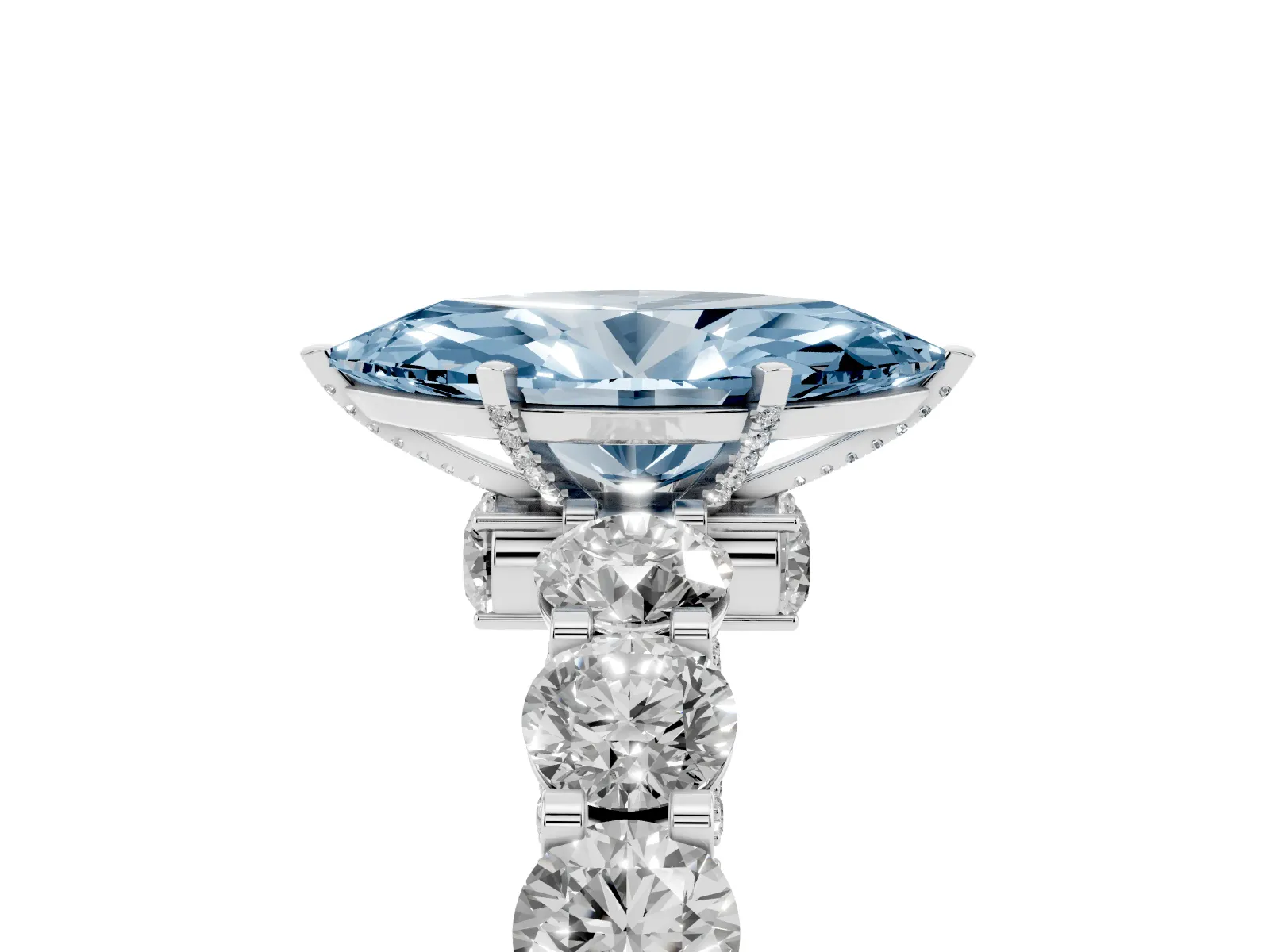 Fancy Blue Marquise Cut Diamond Side Stone Engagement Ring with Four-Prong Setting Platinum