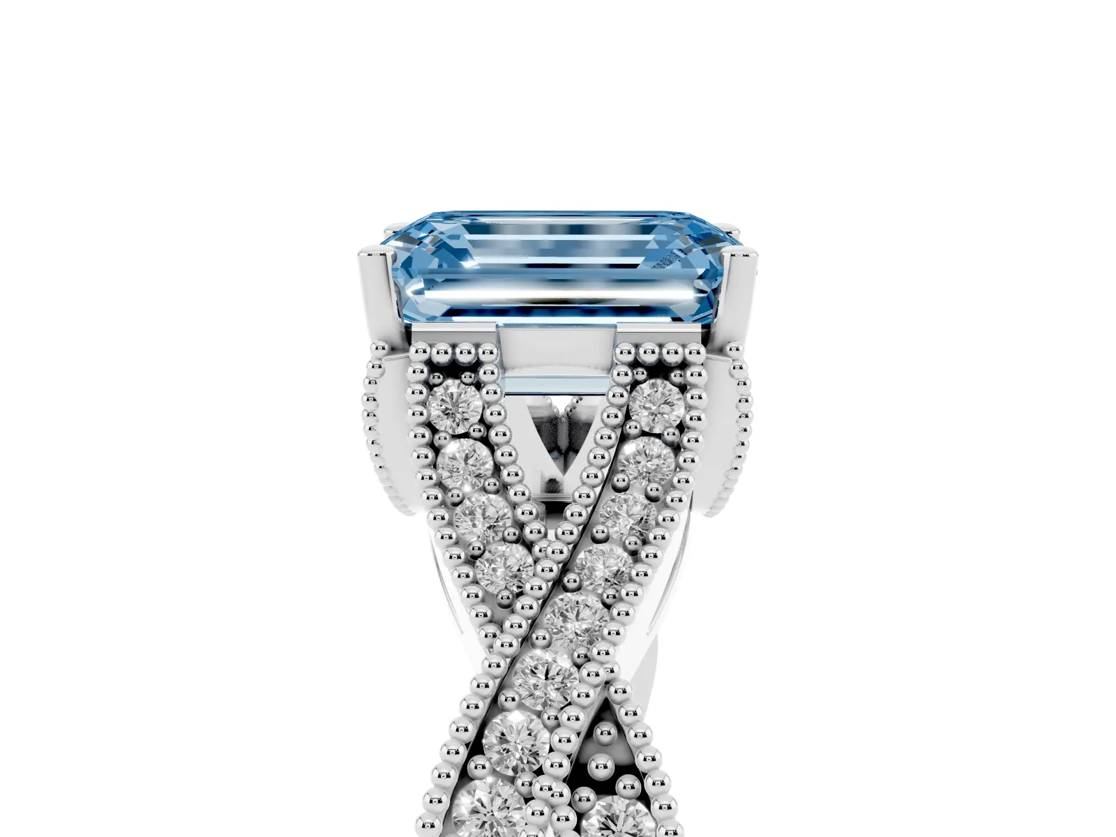 Fancy Blue Emerald Cut Cut Diamond Twisted Band with Milgrain Pave Setting and Four-Prong Setting Platinum