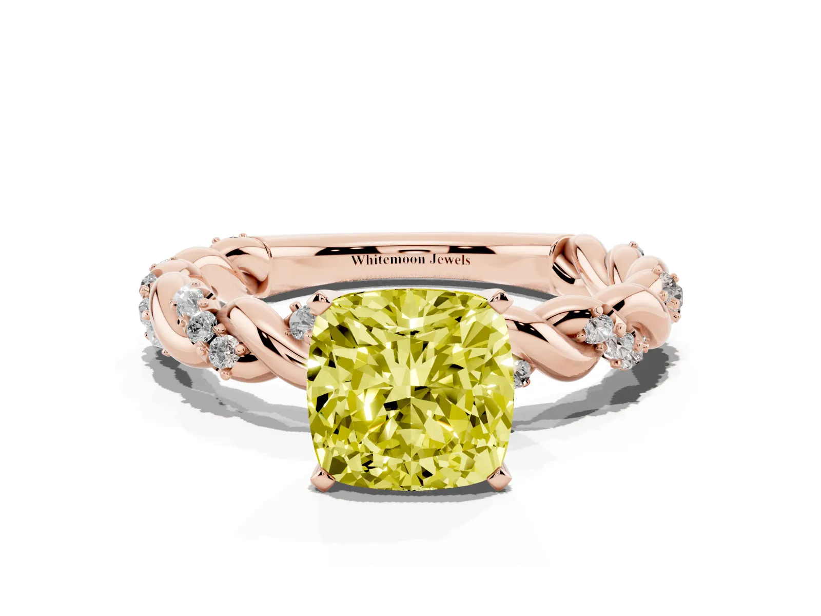 Fancy Yellow Cushion Cut Diamond Solitaire Ring with Twisted Band and Pavé Accents Rose gold