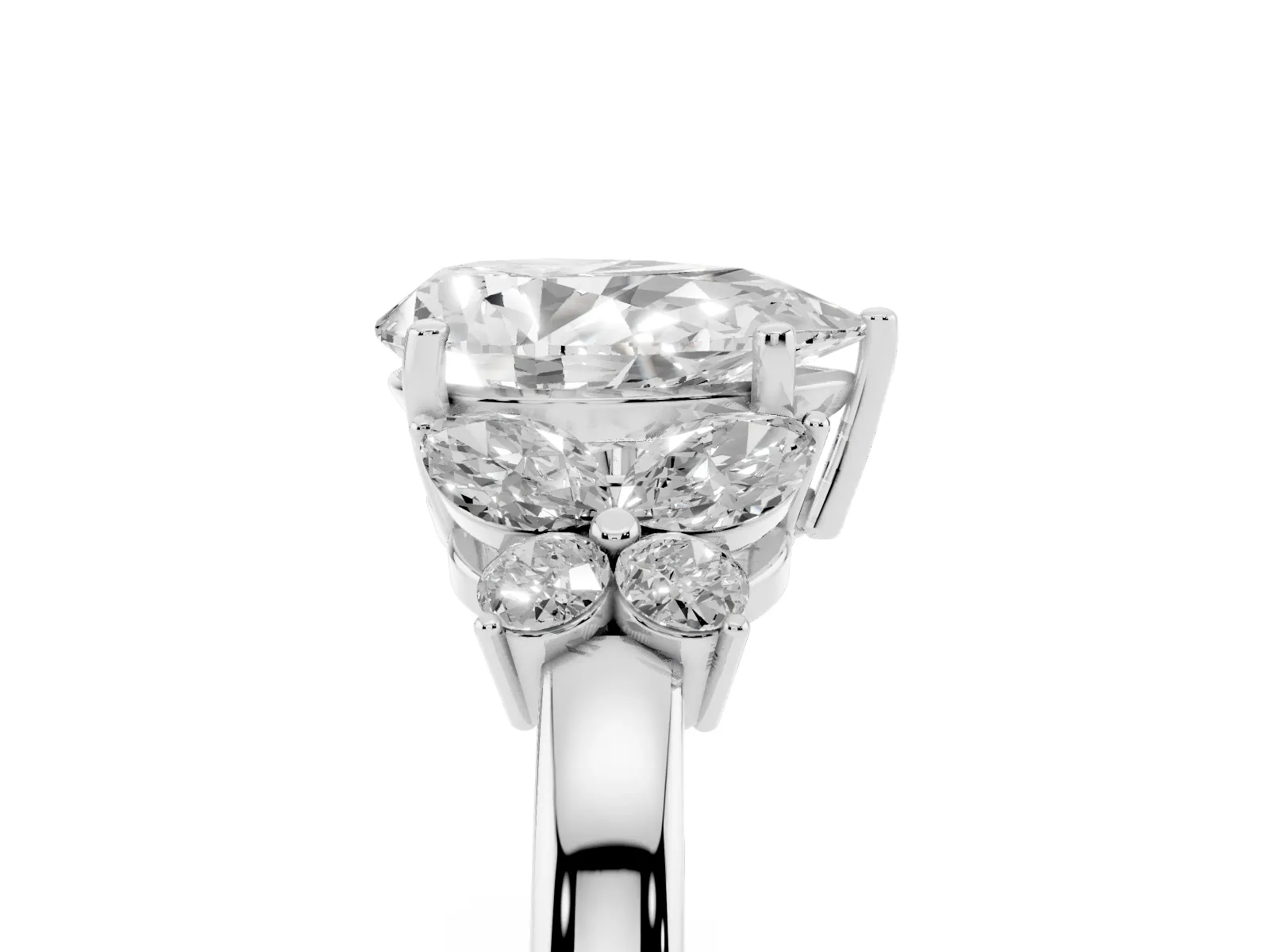 Pear Cut Cut Solitaire Floral Diamond Ring with Four-Prong Setting Platinum