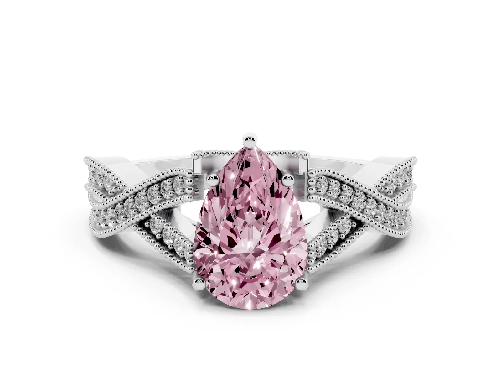 Fancy Pink Pear Cut Cut Diamond Twisted Band with Milgrain Pave Setting and Four-Prong Setting Platinum