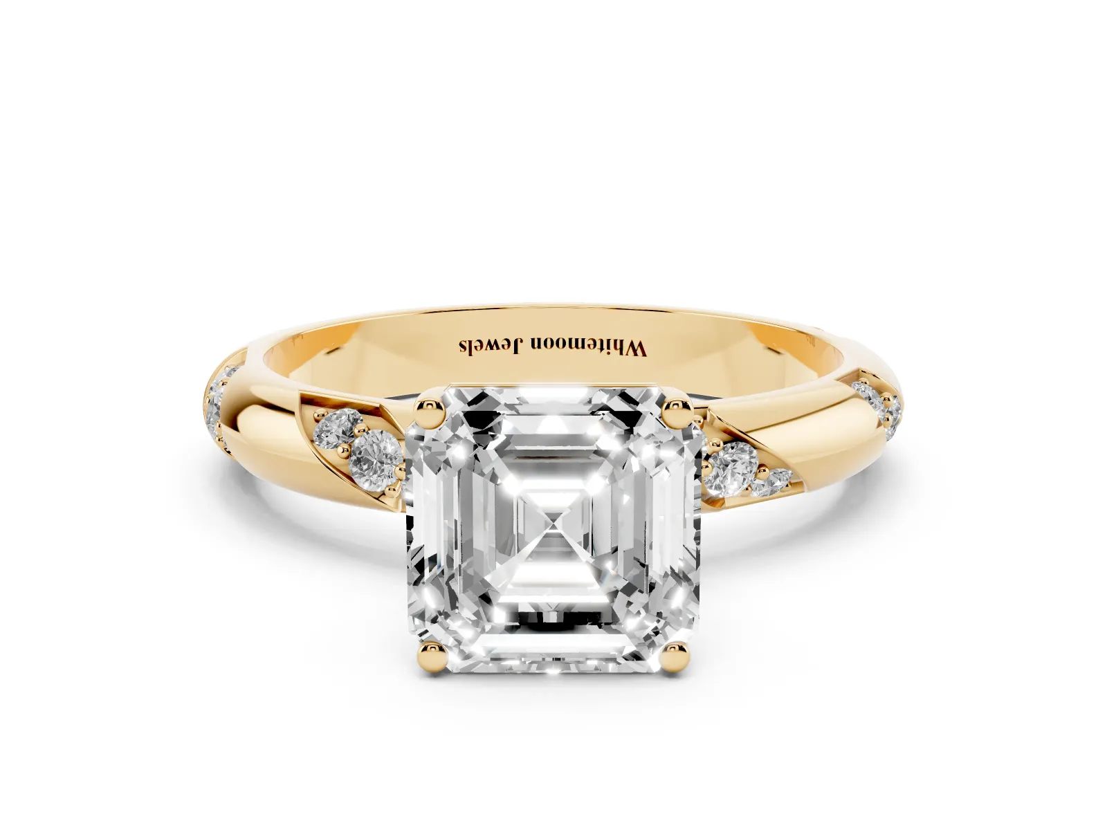 Asscher Cut Diamond Solitaire Engagement Ring with Twisted Round Accent Band and Prong Setting Yellow gold