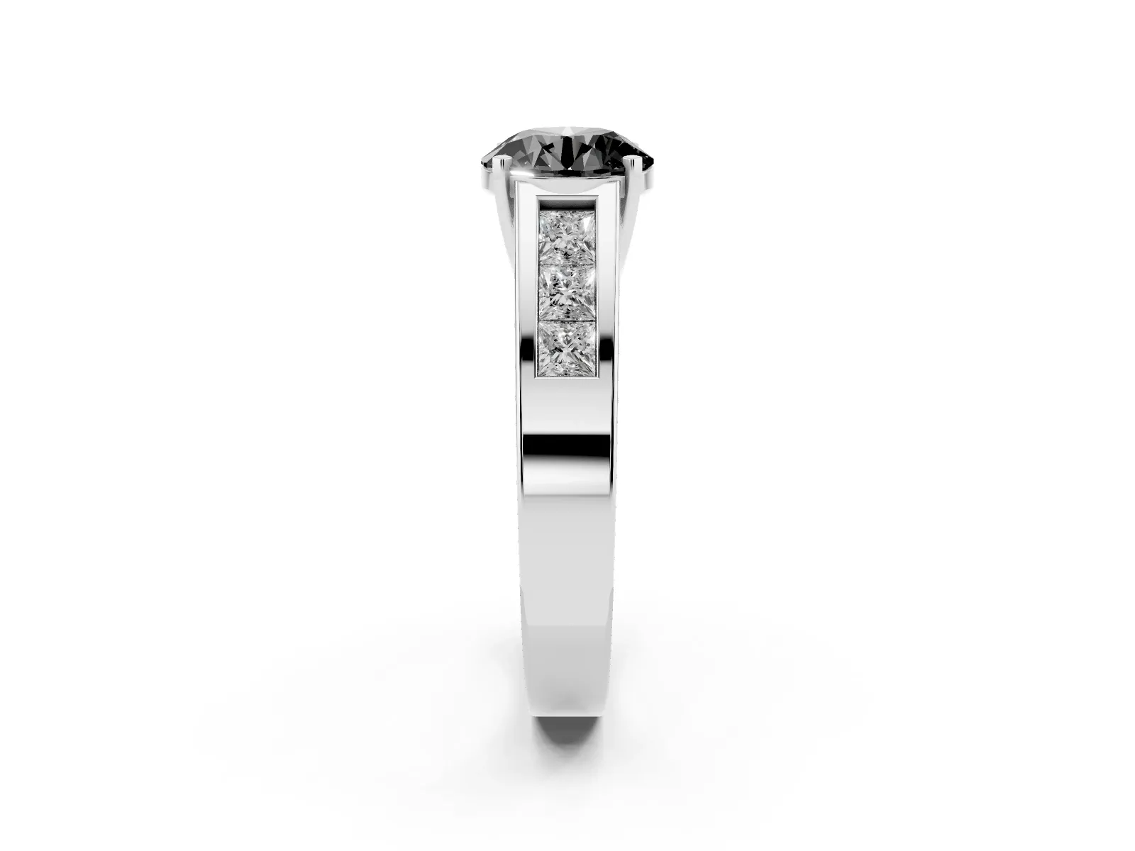 Fancy Black Round Cut Cut Channel Set Solitaire Ring with Four-Prong Setting Platinum