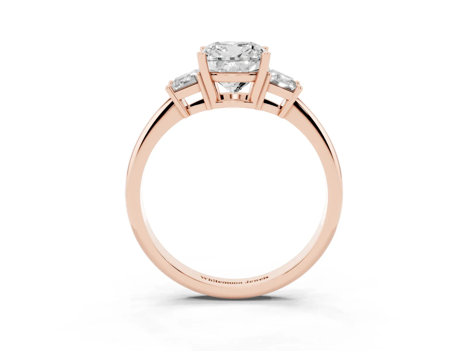 Cushion Cut Diamond Three-Stone Ring with Trapezoid Side Stones and Prong Setting Rose gold
