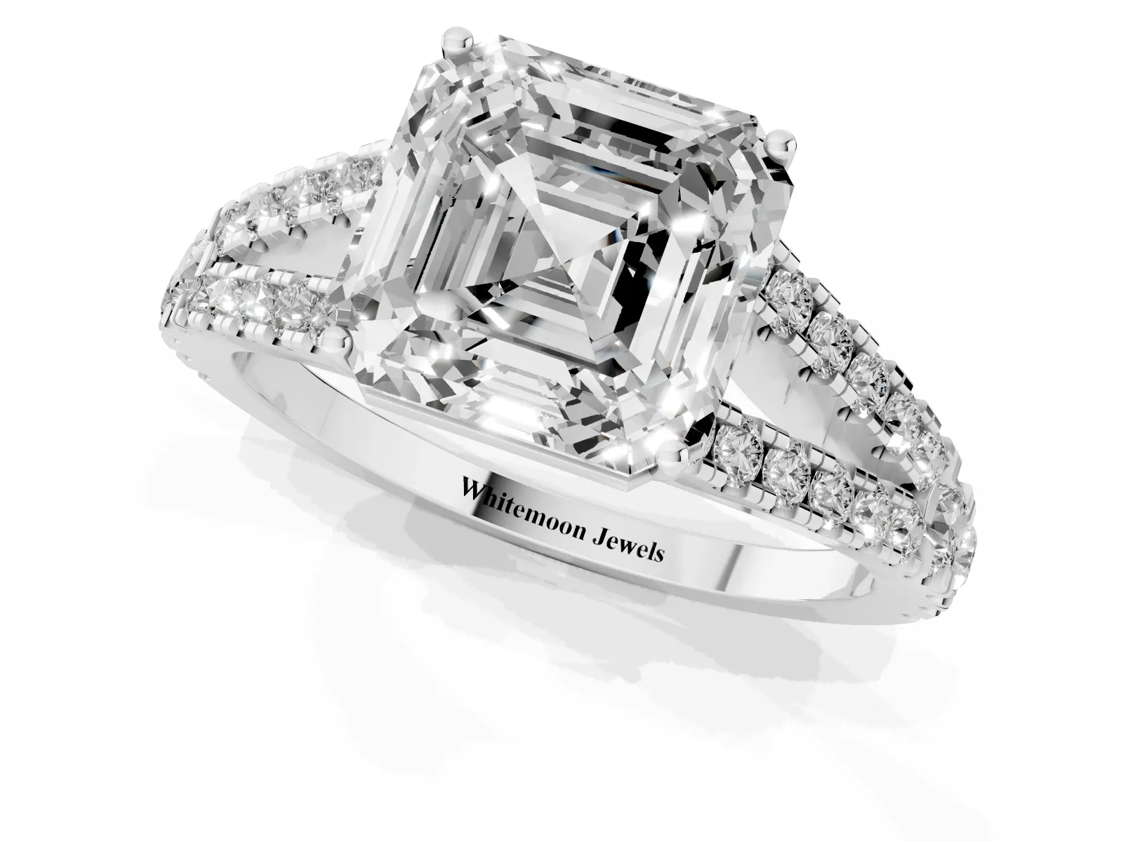 Asscher Cut Diamond Split Shank Engagement Ring with Round Pavé and Prong Setting White gold