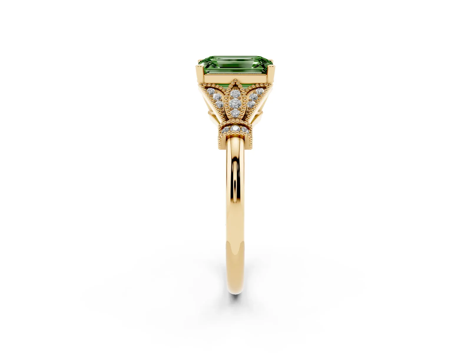 Fancy Green Emerald Cut Diamond Solitaire Ring with Floral Filigree and Pave Accents Yellow gold