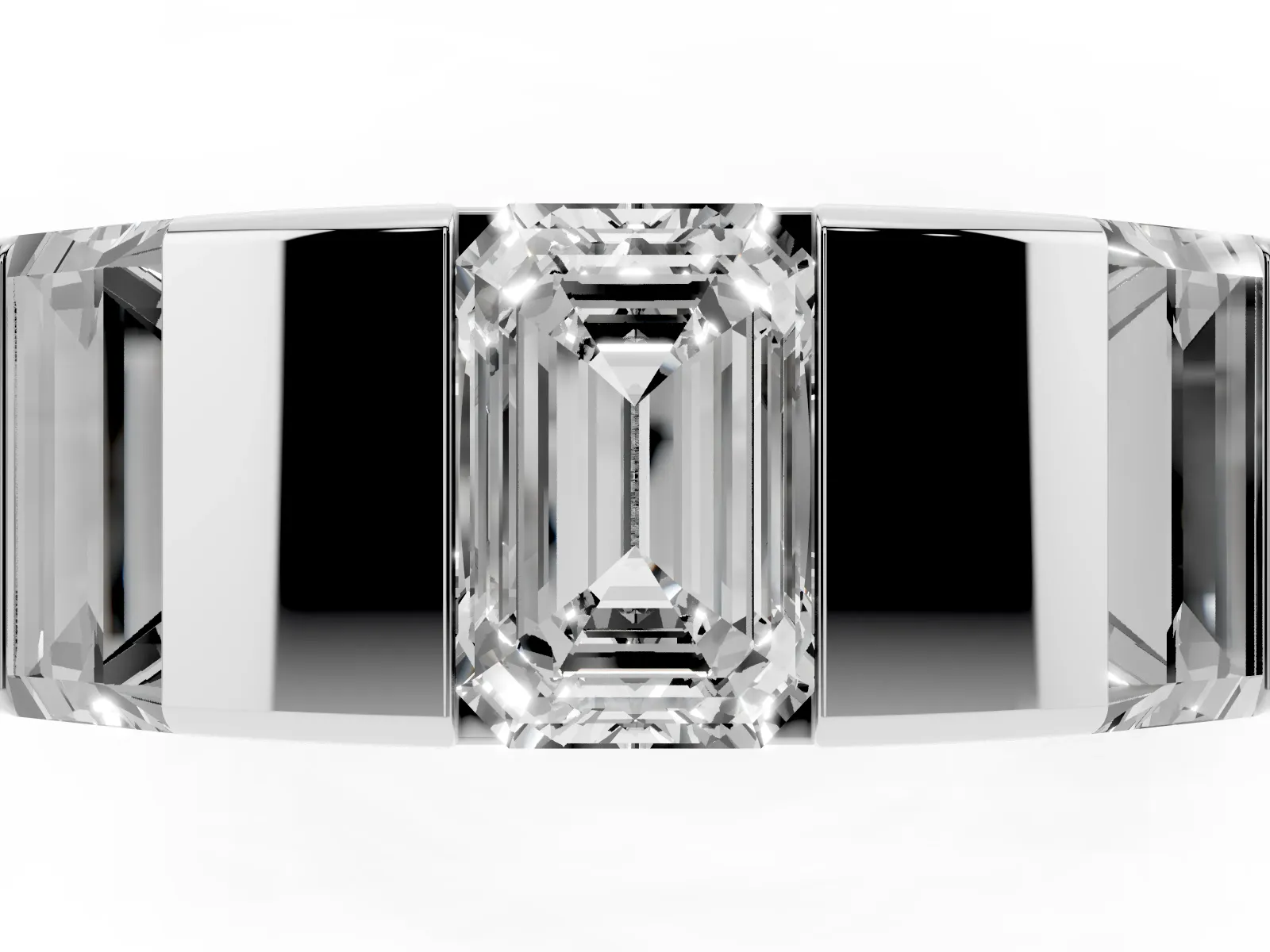 Emerald Cut Diamond Three-Stone Mens Ring with Baguette Side Stones White gold