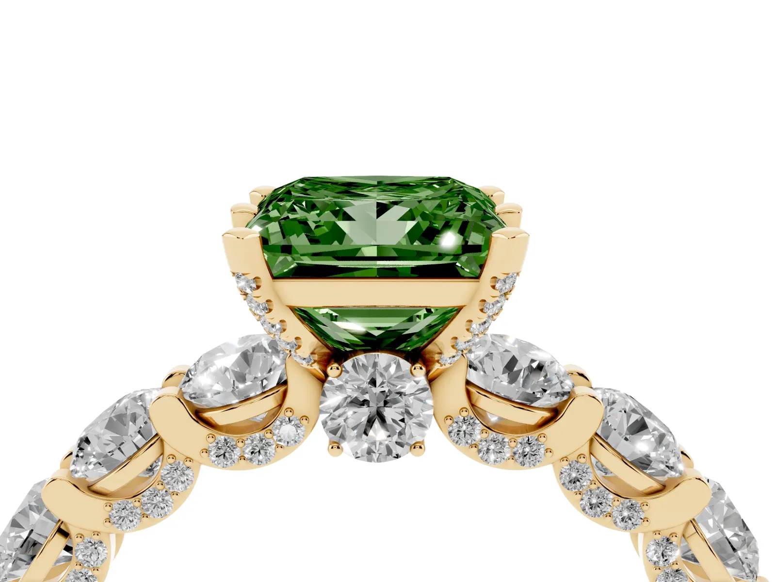 Fancy Green Princess Cut Diamond Side Stone Engagement Ring with Four-Prong Setting Yellow gold
