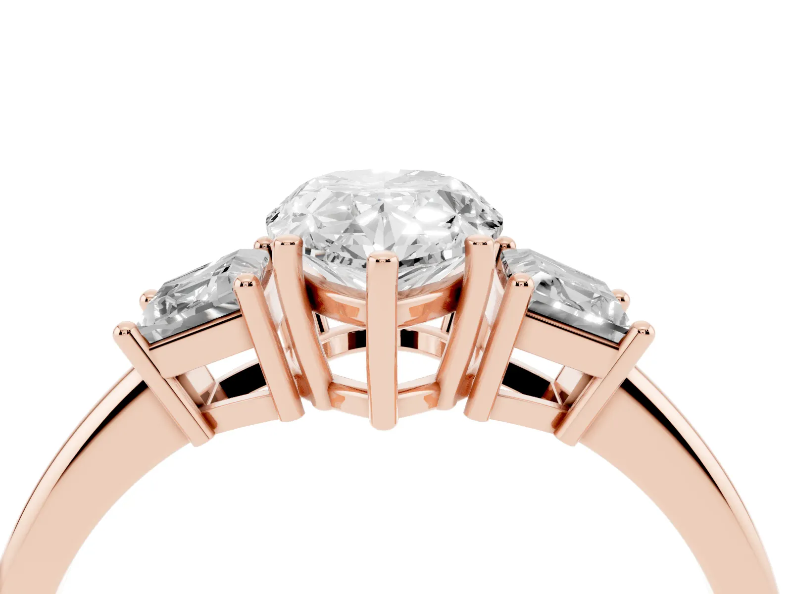 Pear Cut Diamond Three-Stone Ring with Trapezoid Side Stones and Prong Setting Rose gold
