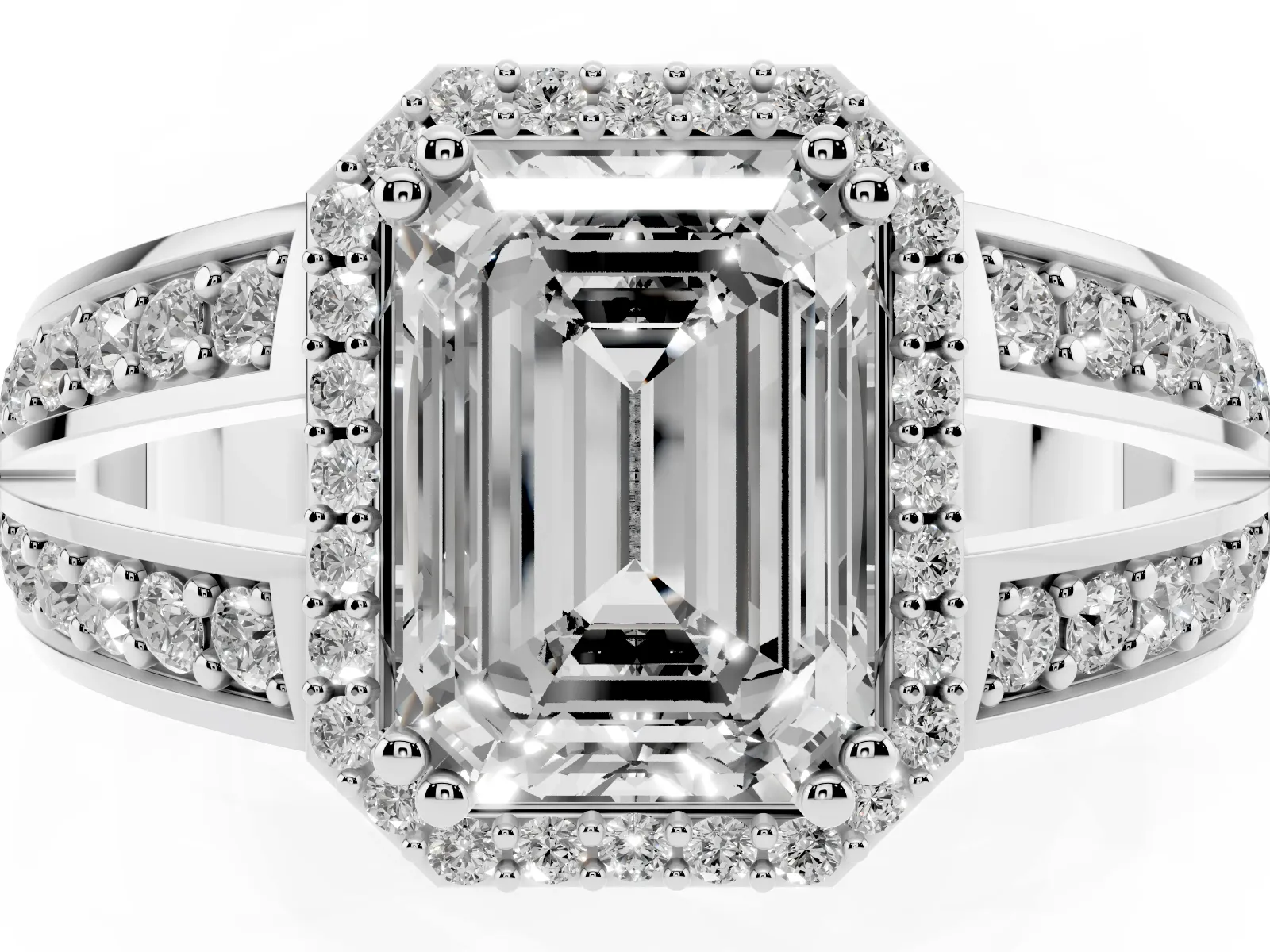Emerald Cut Diamond Halo Ring with Split Shank Pavé Band and Four-Prong Setting White gold