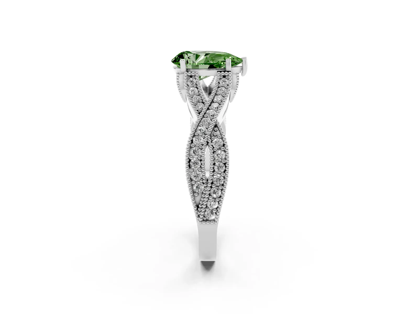 Fancy Green Pear Cut Cut Diamond Twisted Band with Milgrain Pave Setting and Four-Prong Setting Platinum