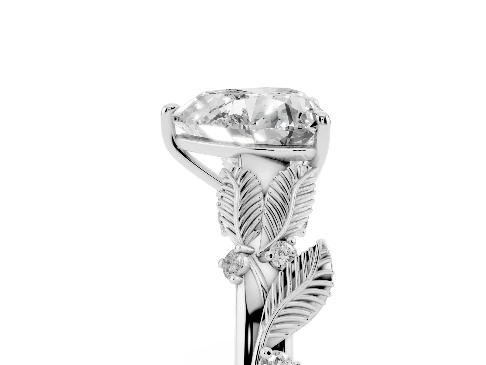 Heart Cut Diamond Solitaire Ring with Leaf Motif Band and Four-Prong Setting Platinum