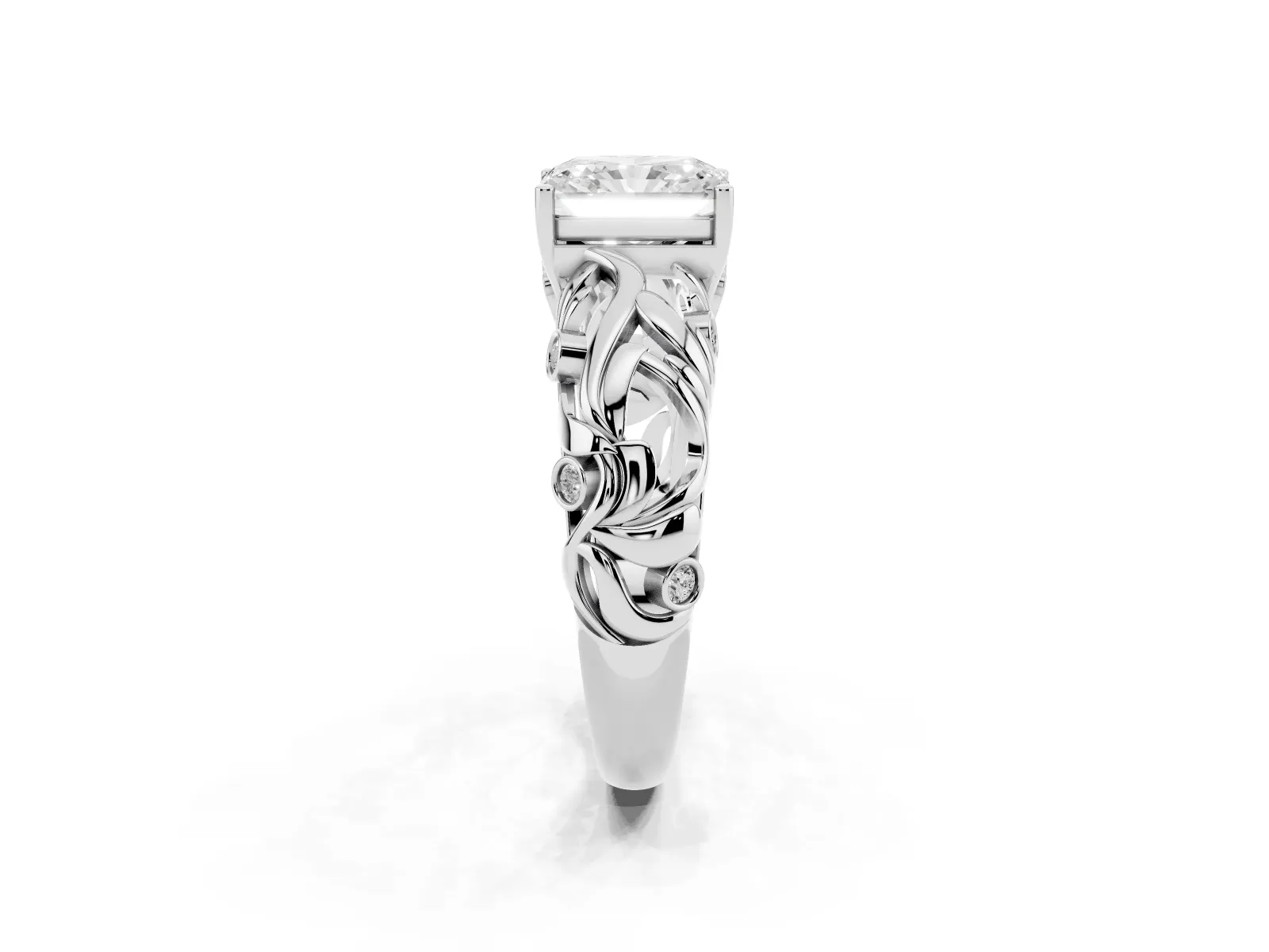 Radiant Cut Solitaire Diamond Leaf-Inspired Vine Band Ring with Prong Setting Silver