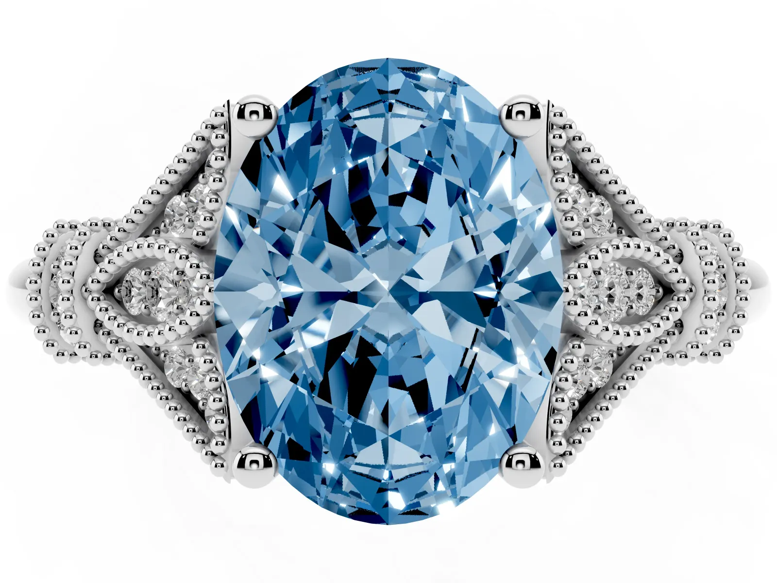 Fancy Blue Oval Cut Diamond Solitaire Ring with Floral Filigree and Pave Accents White gold