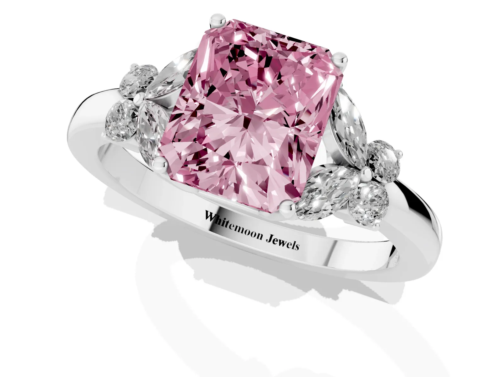 Fancy Pink Radiant Cut Cut Solitaire Floral Diamond Ring with Four-Prong Setting Platinum