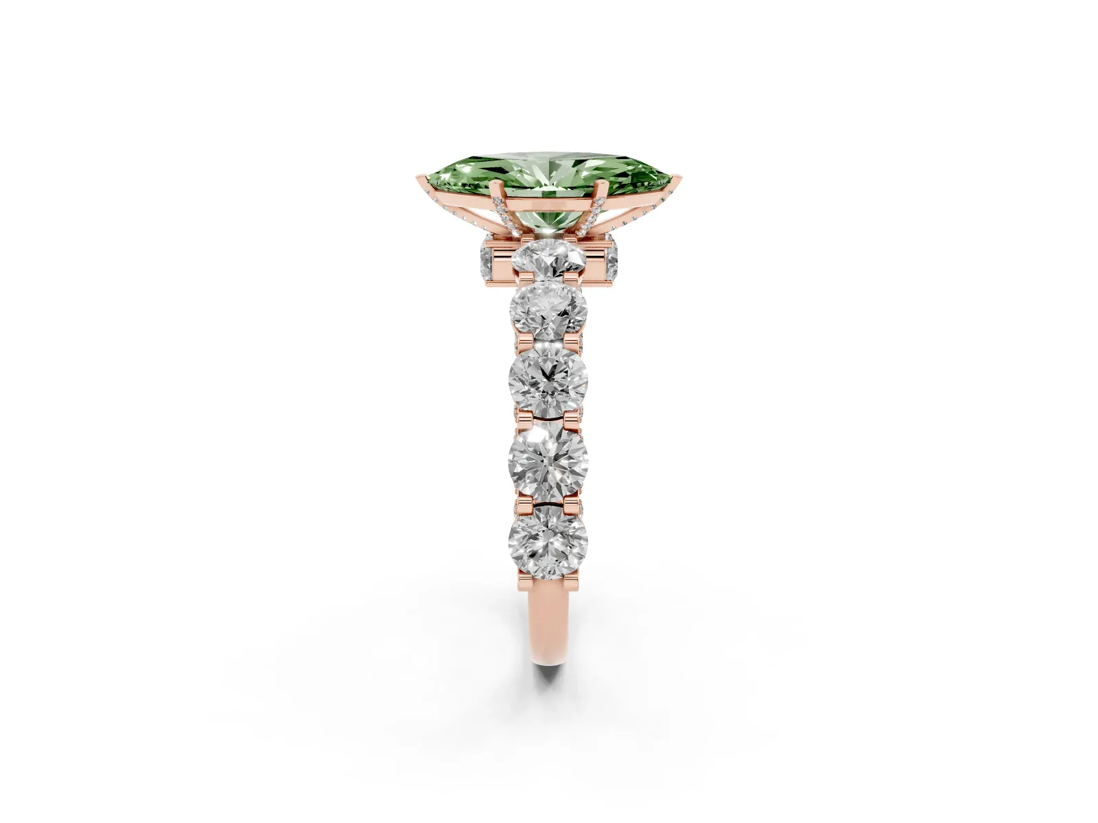 Fancy Green Marquise Cut Diamond Side Stone Engagement Ring with Four-Prong Setting Rose gold