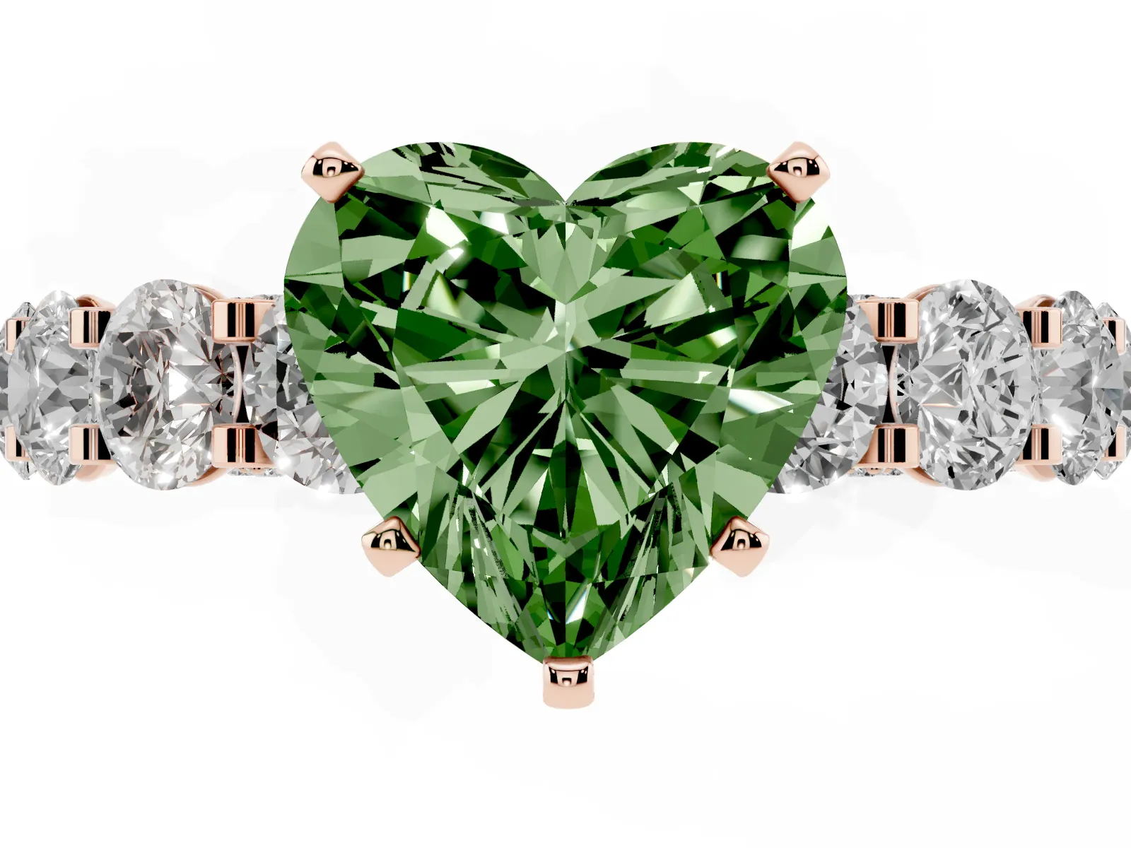 Fancy Green Heart Cut Diamond Side Stone Engagement Ring with Four-Prong Setting Rose gold