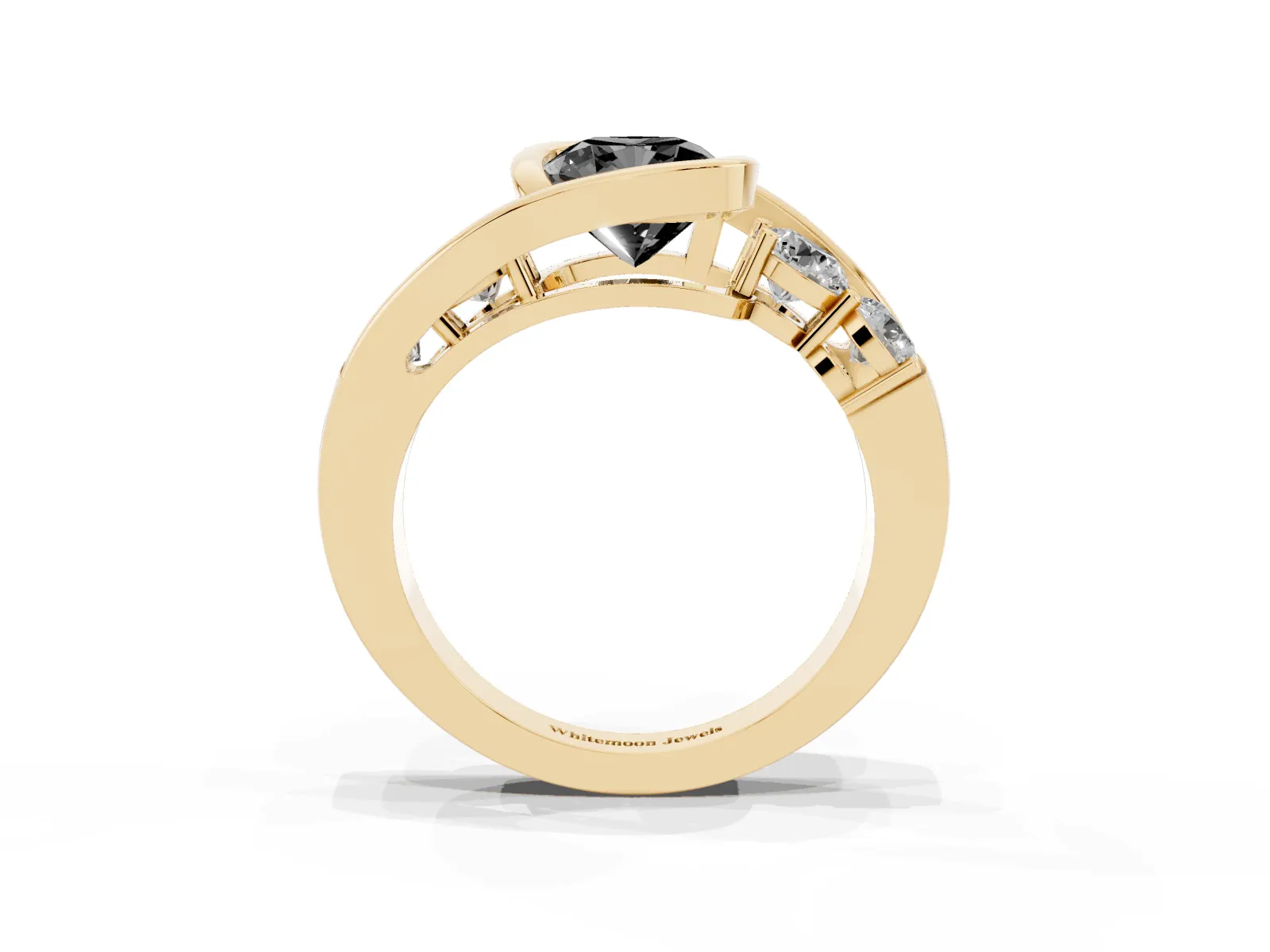 Fancy Black Bezel Set Cushion Cut Diamond Bypass Ring with Round Accents Yellow gold