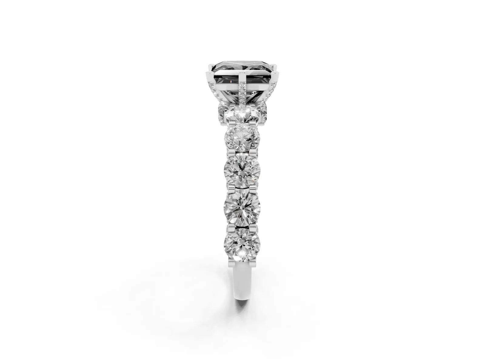 Fancy Black Princess Cut Diamond Side Stone Engagement Ring with Four-Prong Setting Platinum