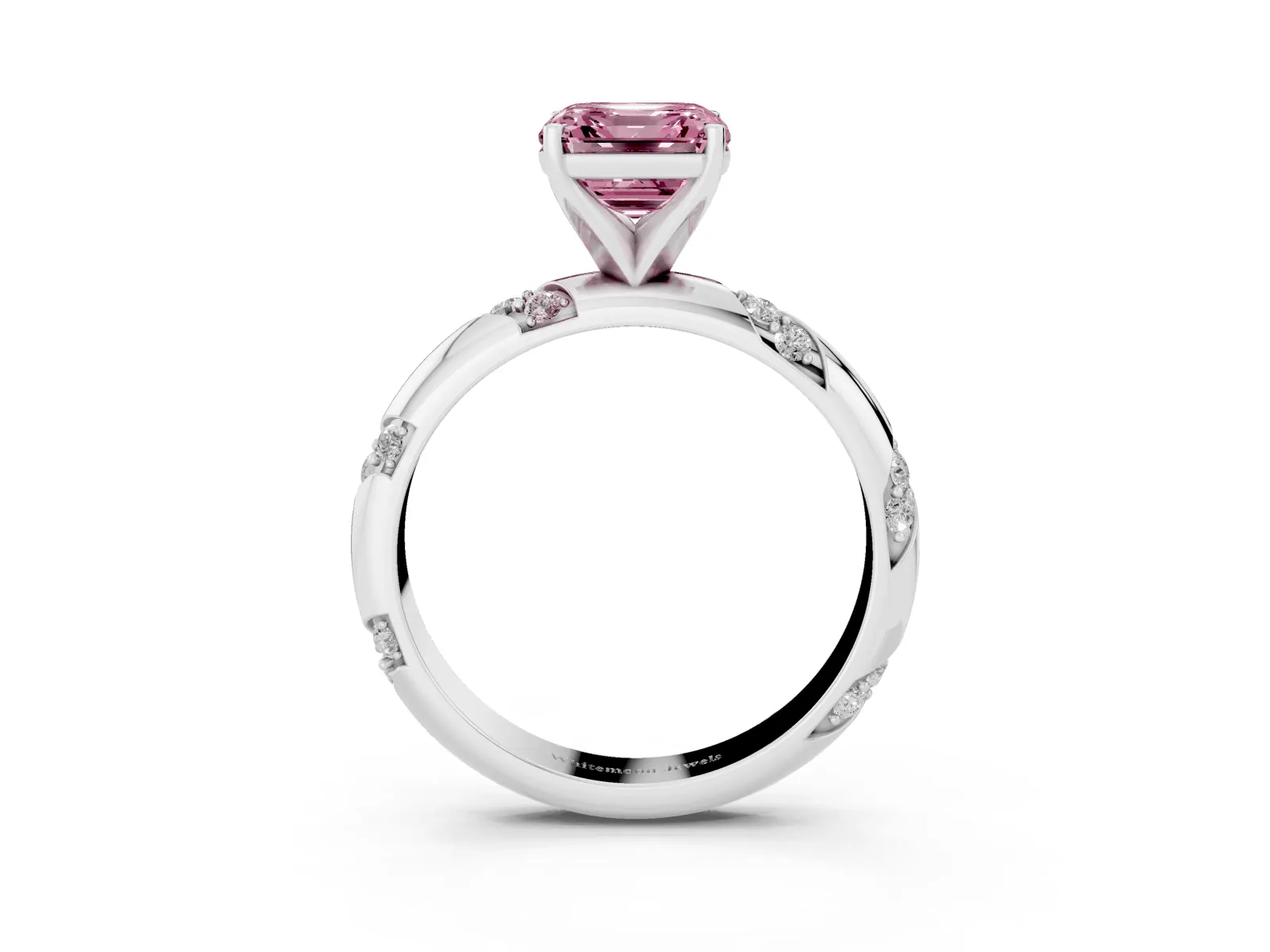 Fancy Pink Asscher Cut Diamond Solitaire Engagement Ring with Twisted Round Accent Band and Prong Setting Platinum