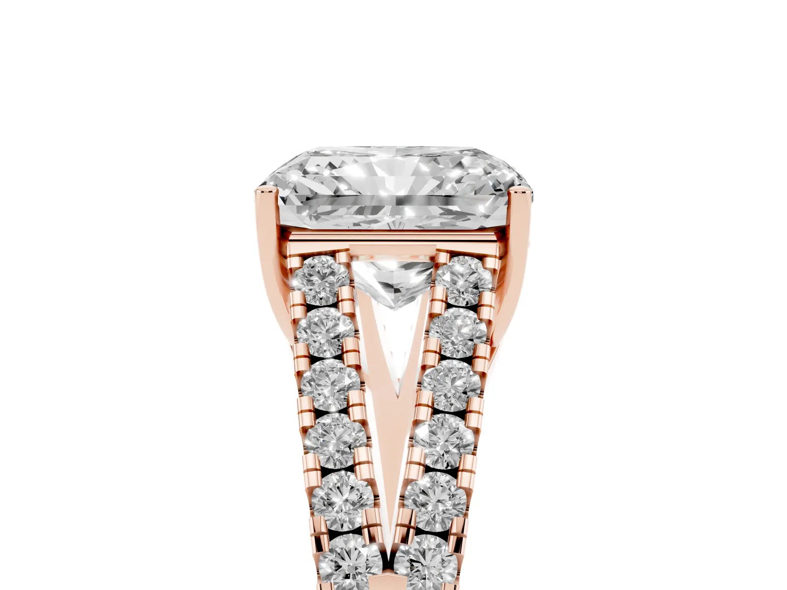Radiant Cut Diamond Split Shank Engagement Ring with Round Pavé and Prong Setting Rose gold