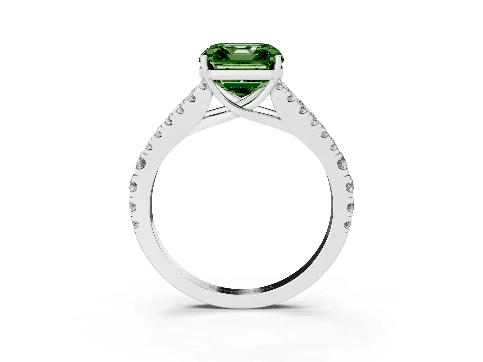Fancy Green Asscher Cut Diamond Split Shank Engagement Ring with Round Pavé and Prong Setting White gold