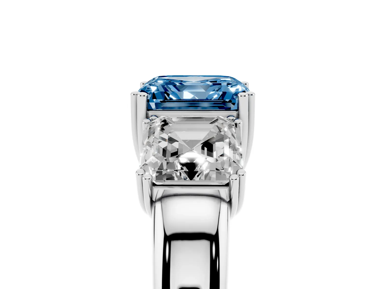 Fancy Blue Three-Stone Asscher Cut Cut Diamond Ring with Channel Set Band and Four-Prong Setting White gold