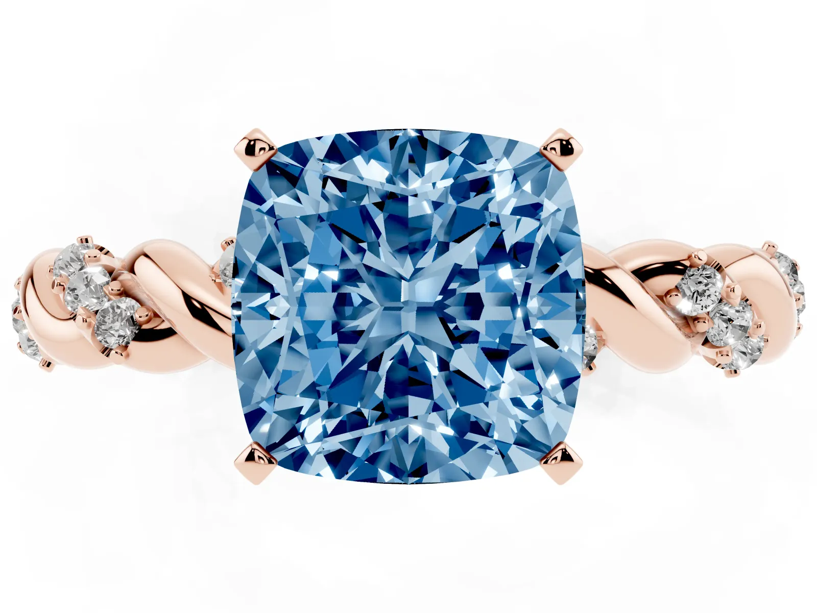 Fancy Blue Cushion Cut Diamond Solitaire Ring with Twisted Band and Pavé Accents Rose gold