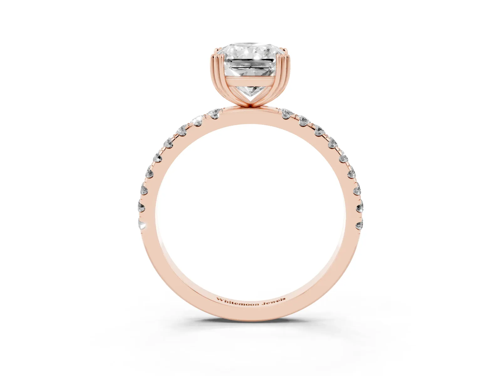 Radiant Cut Brilliant Solitaire with Pavé Band and Claw Prong Setting Rose gold