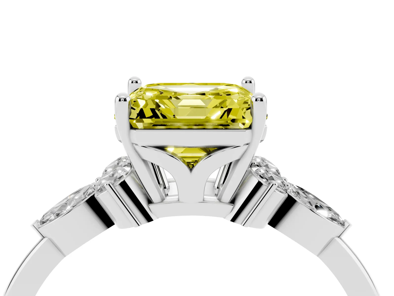 Fancy Yellow Asscher Cut Brilliant Diamond Solitaire Ring with Pear Side Stones and Four-Prong Setting Platinum