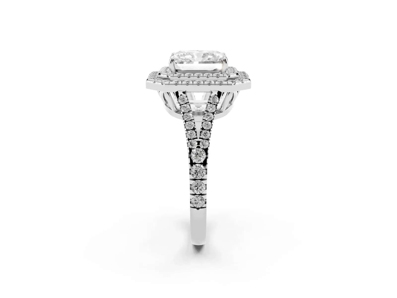 Radiant Cut Diamond Double Halo Ring with Pavé Band and Prong Setting Platinum