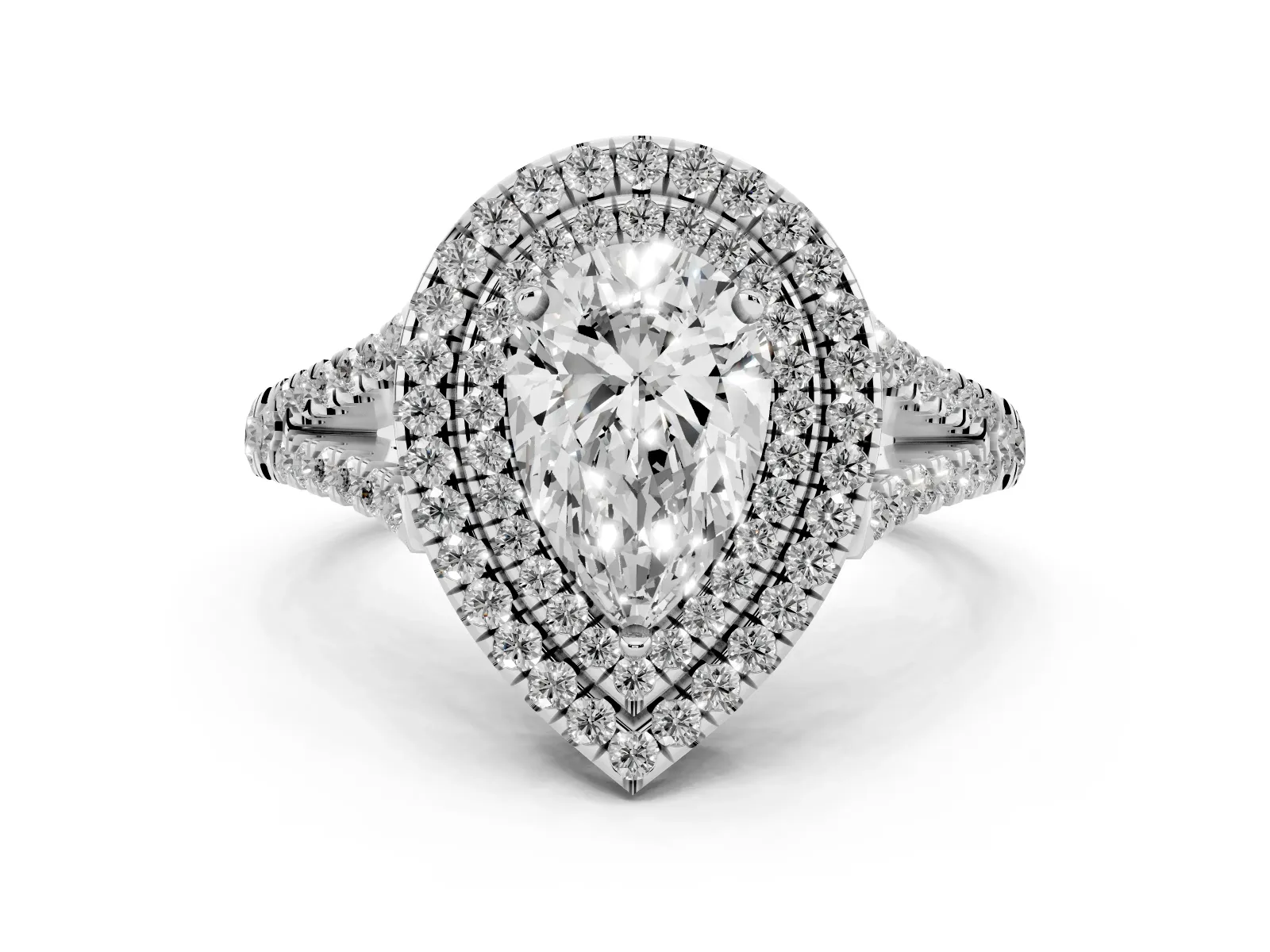 Pear Cut Diamond Double Halo Ring with Pavé Band and Prong Setting Platinum