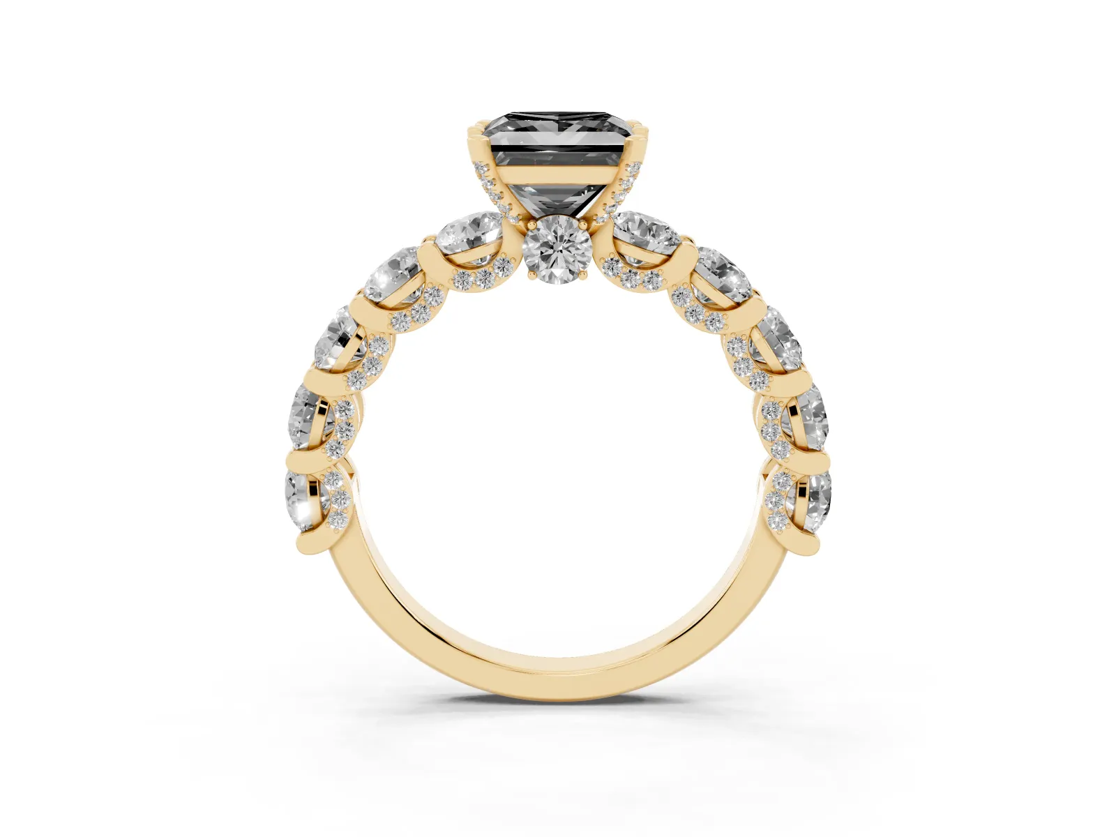 Fancy Black Princess Cut Diamond Side Stone Engagement Ring with Four-Prong Setting Yellow gold