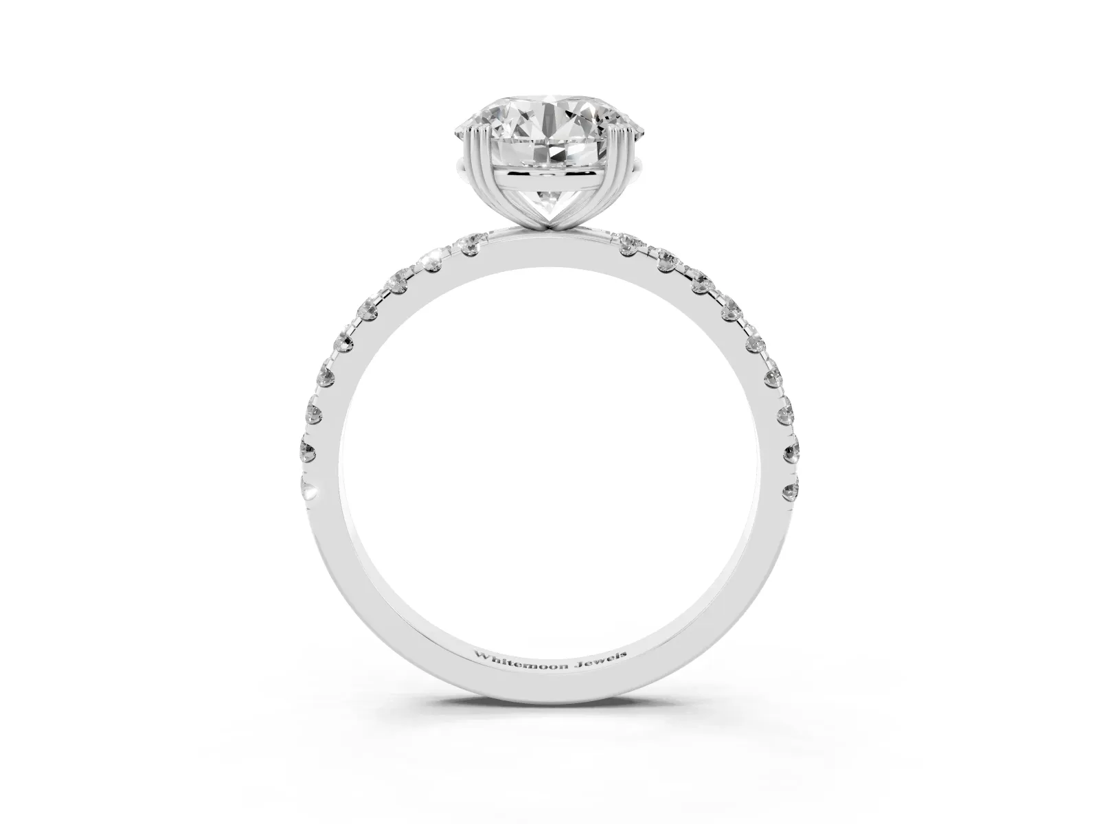 Round Cut Brilliant Solitaire with Pavé Band and Claw Prong Setting Platinum