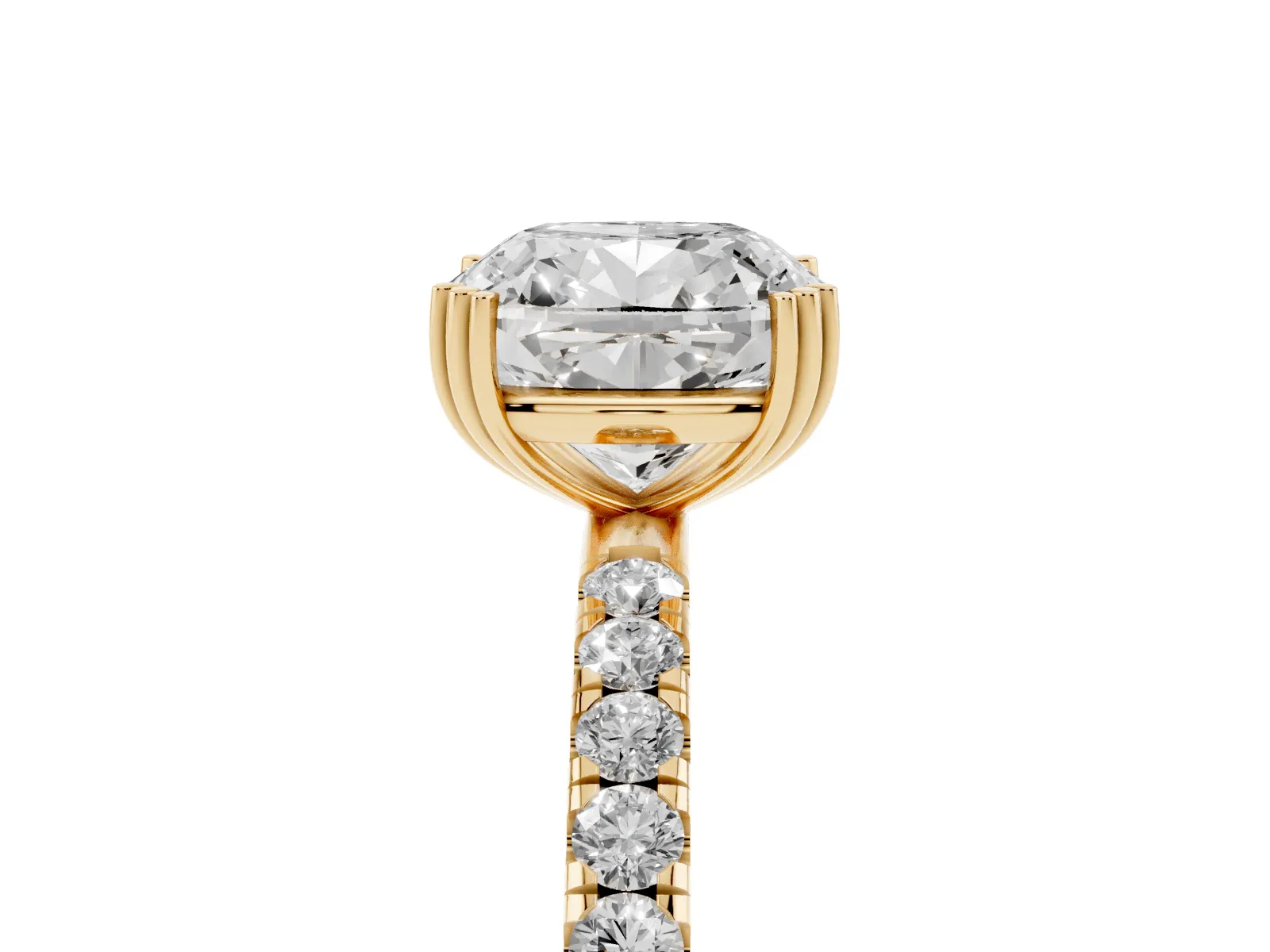 Cushion Cut Brilliant Solitaire with Pavé Band and Claw Prong Setting Yellow gold