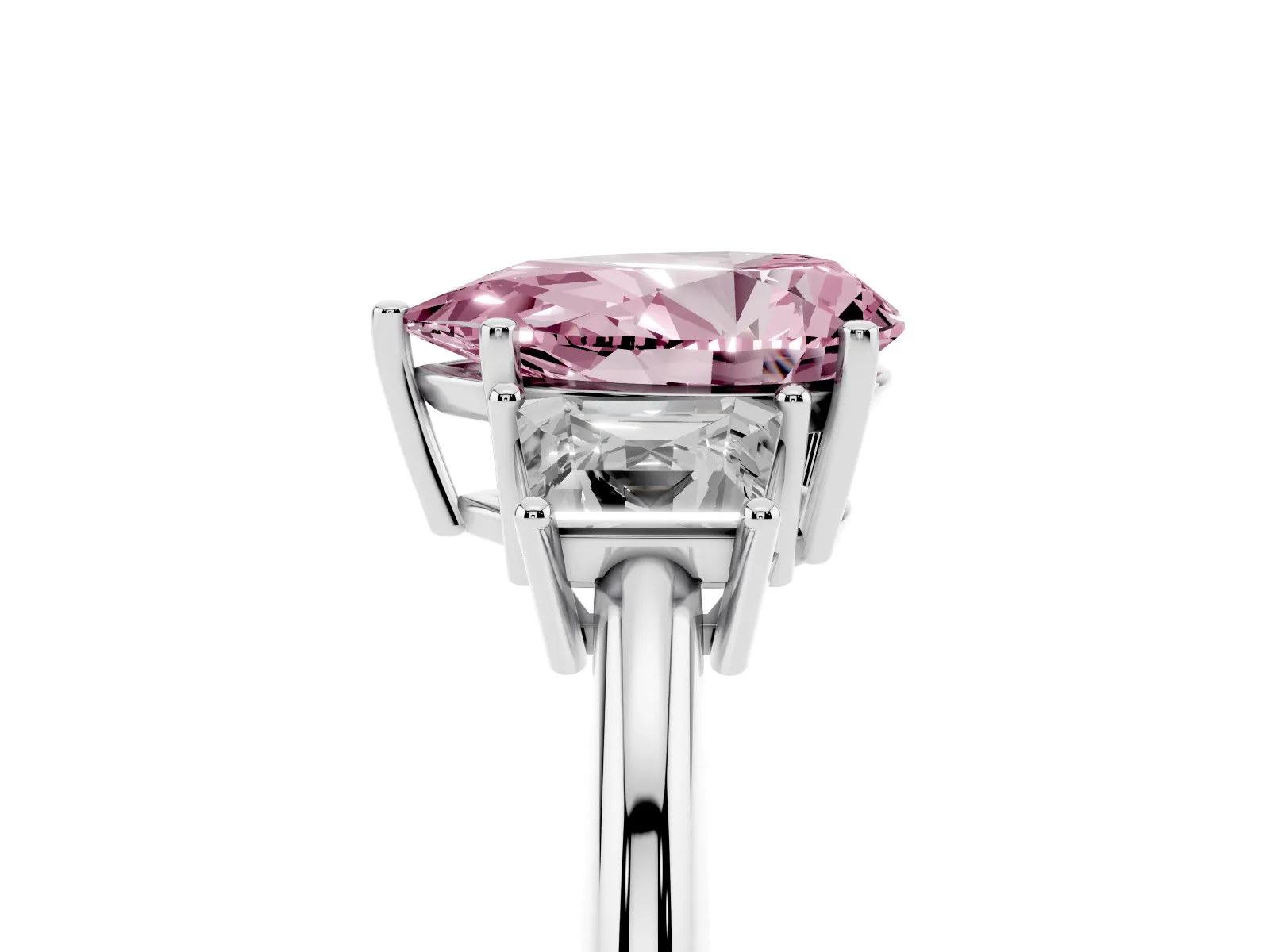 Fancy Pink Pear Cut Diamond Three-Stone Ring with Trapezoid Side Stones and Prong Setting Platinum
