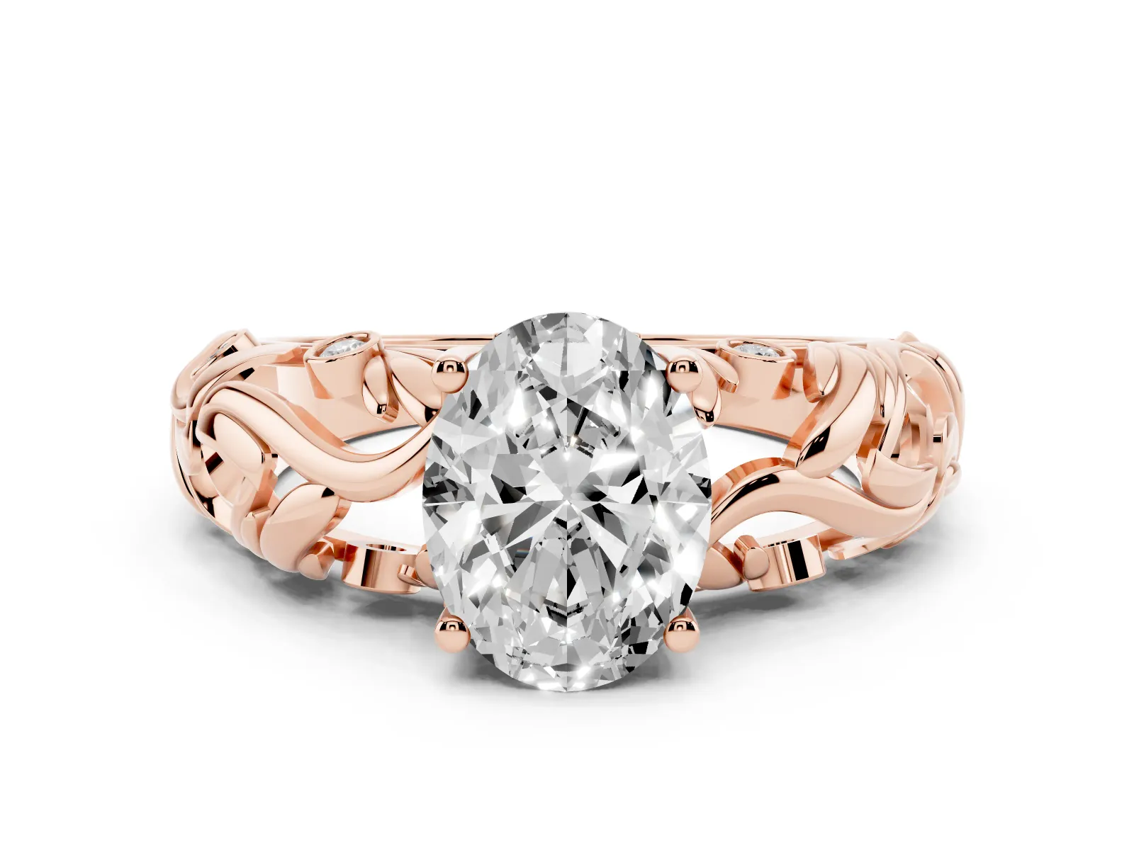 Oval Cut Solitaire Diamond Leaf-Inspired Vine Band Ring with Prong Setting Rose gold
