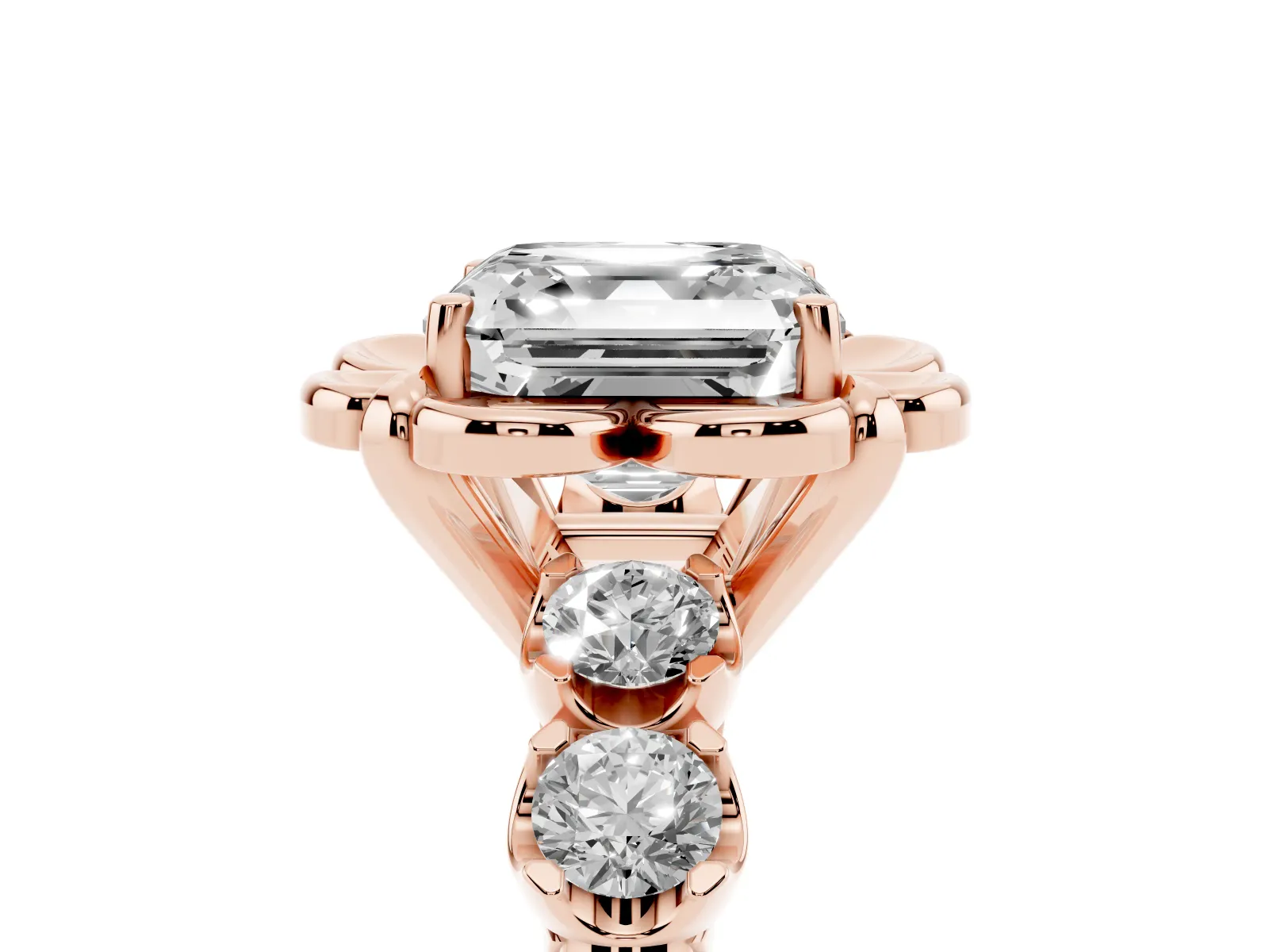 Asscher Cut Cut Diamond Floral Halo Engagement Ring with Shared Prong Setting Rose gold