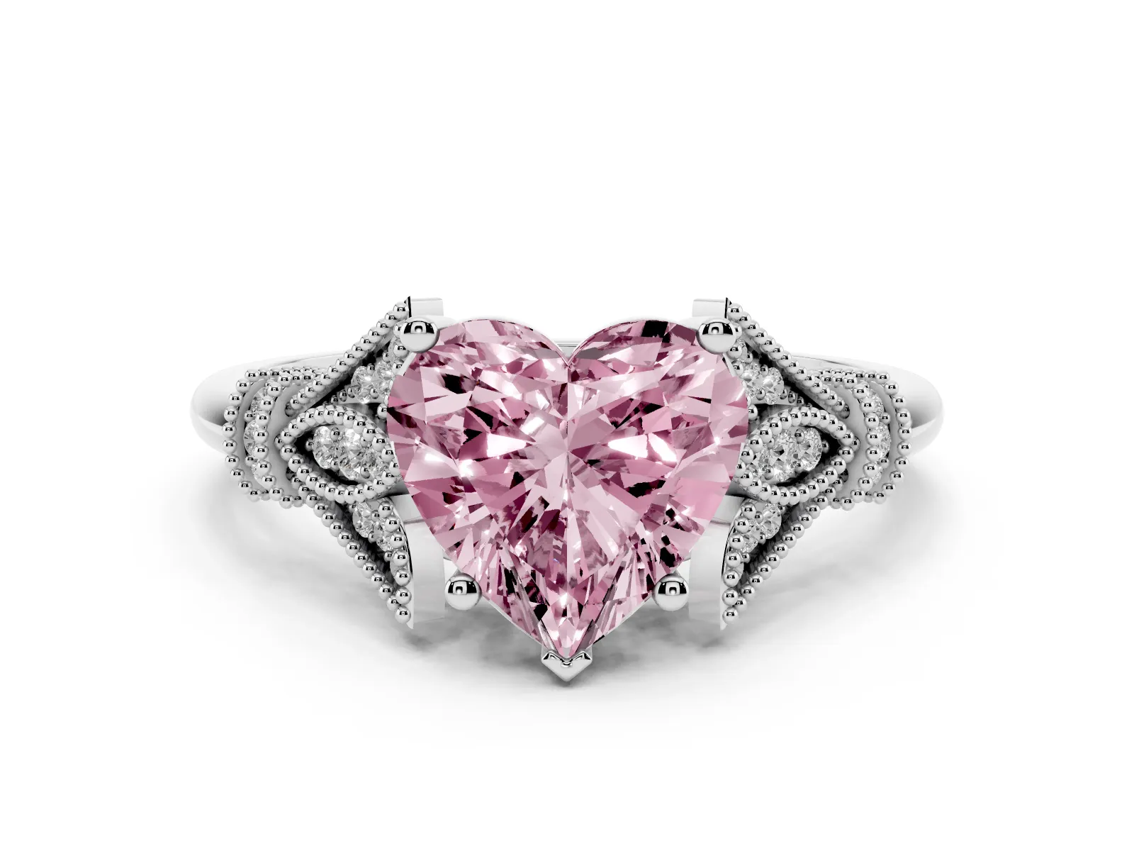 Fancy Pink Heart Cut Diamond Solitaire Ring with Floral Filigree and Pave Accents Platinum