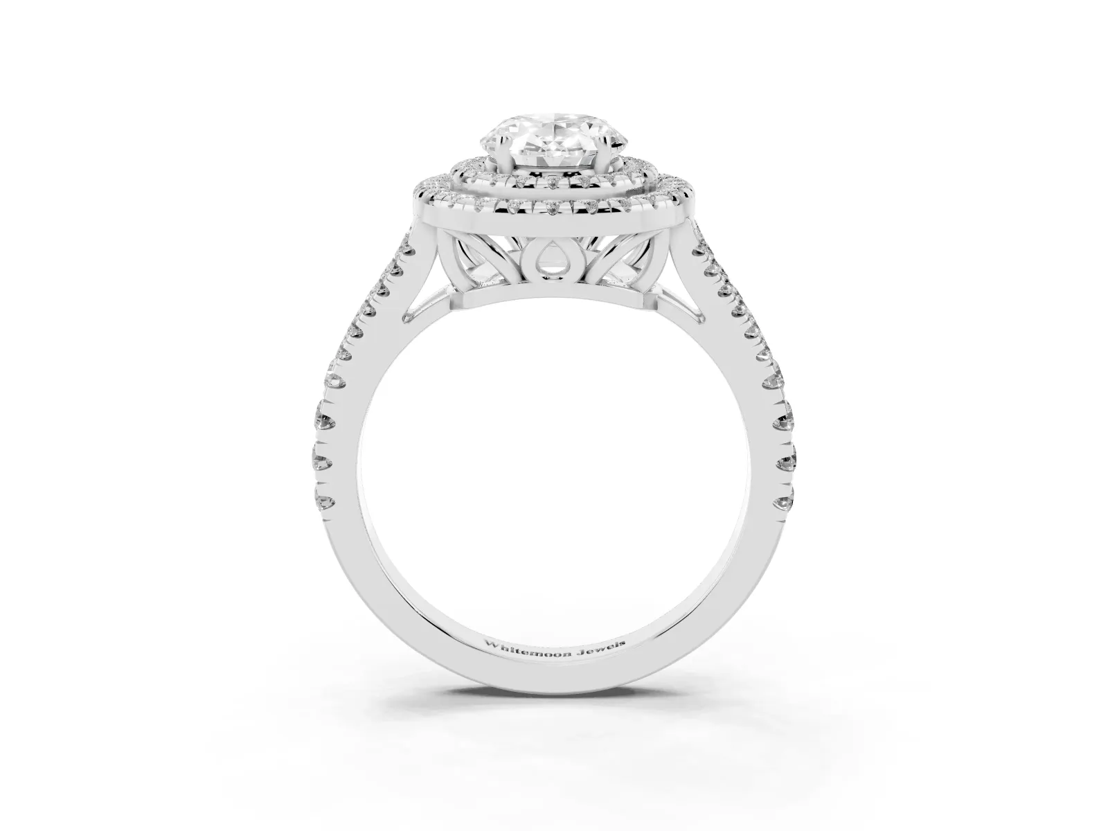 Oval Cut Diamond Double Halo Ring with Pavé Band and Prong Setting Platinum
