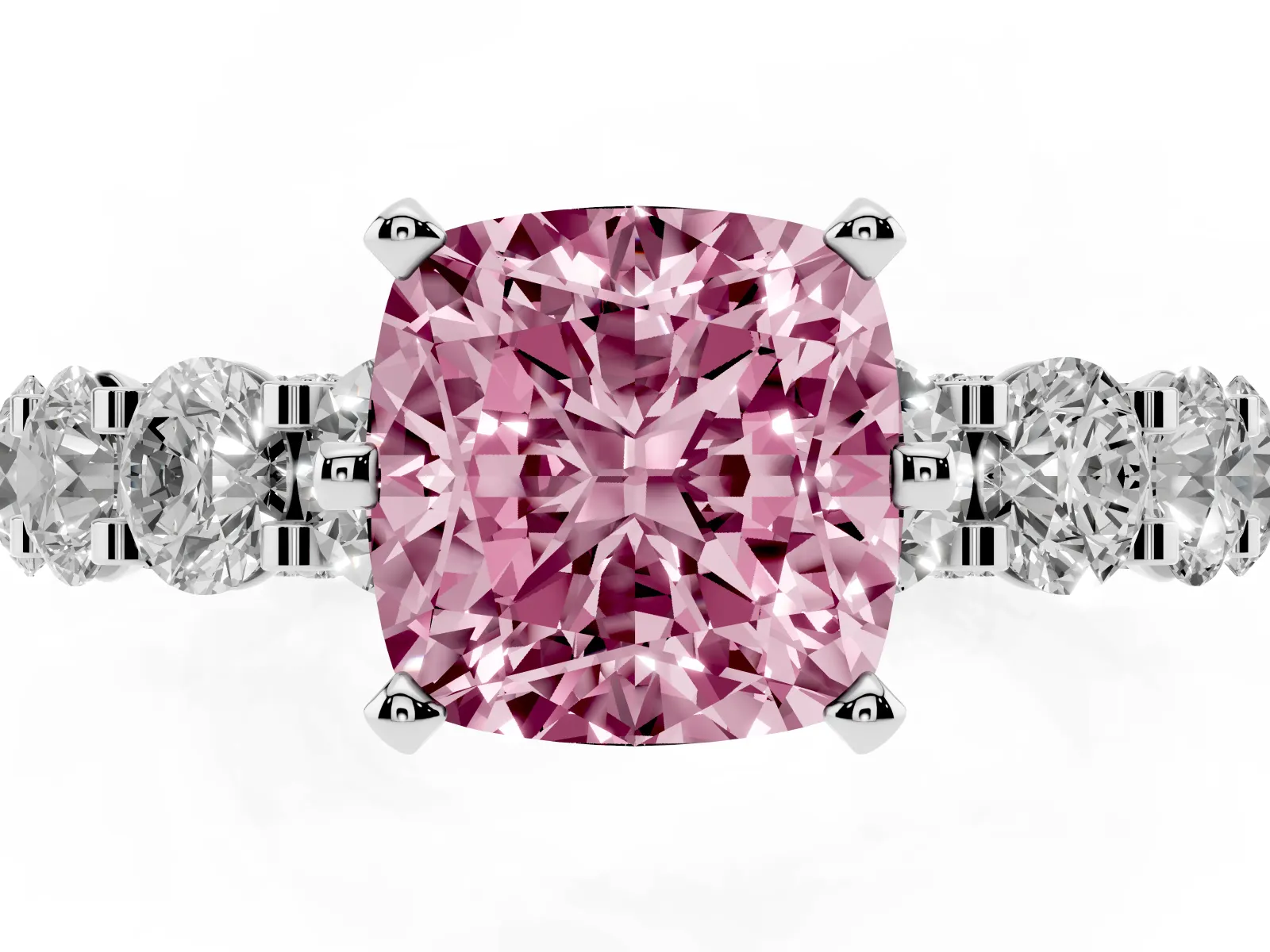 Fancy Pink Cushion Cut Diamond Side Stone Engagement Ring with Four-Prong Setting Platinum