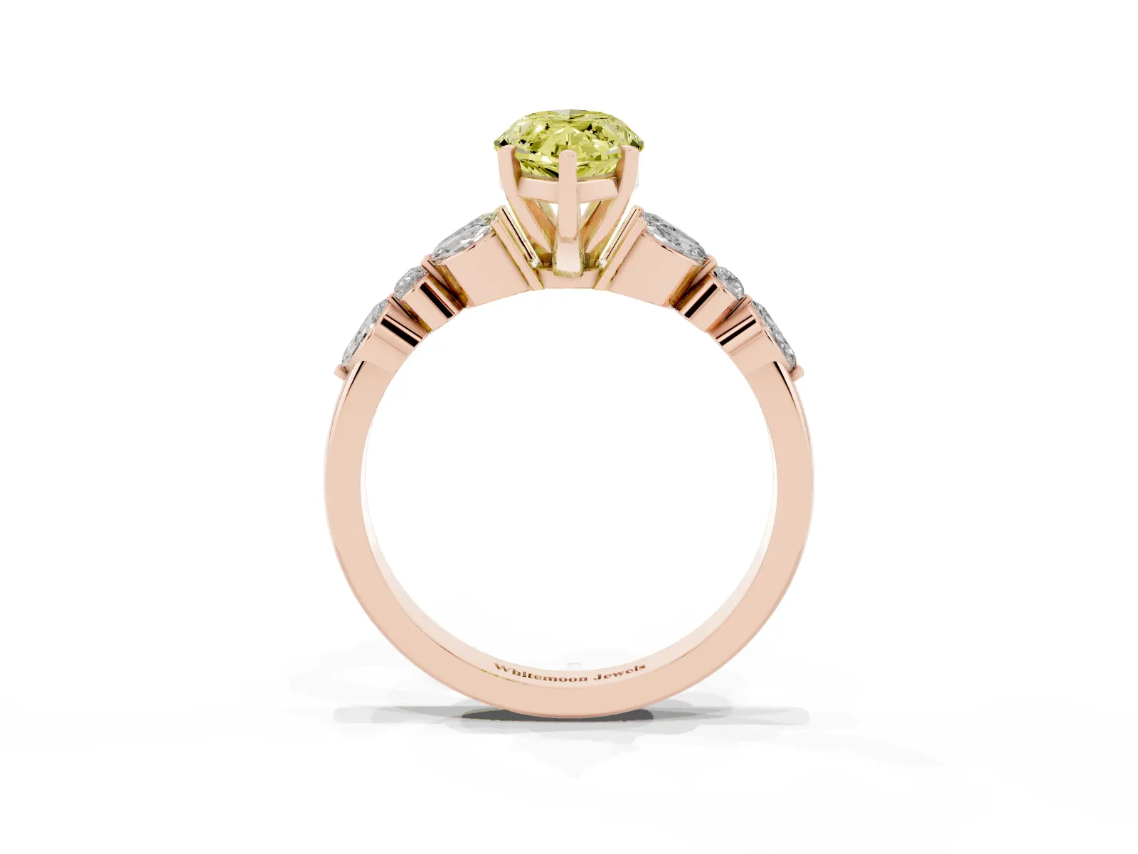 Fancy Yellow Marquise Cut Diamond Solitaire Ring with Side Stones and Four-Prong Setting Rose gold