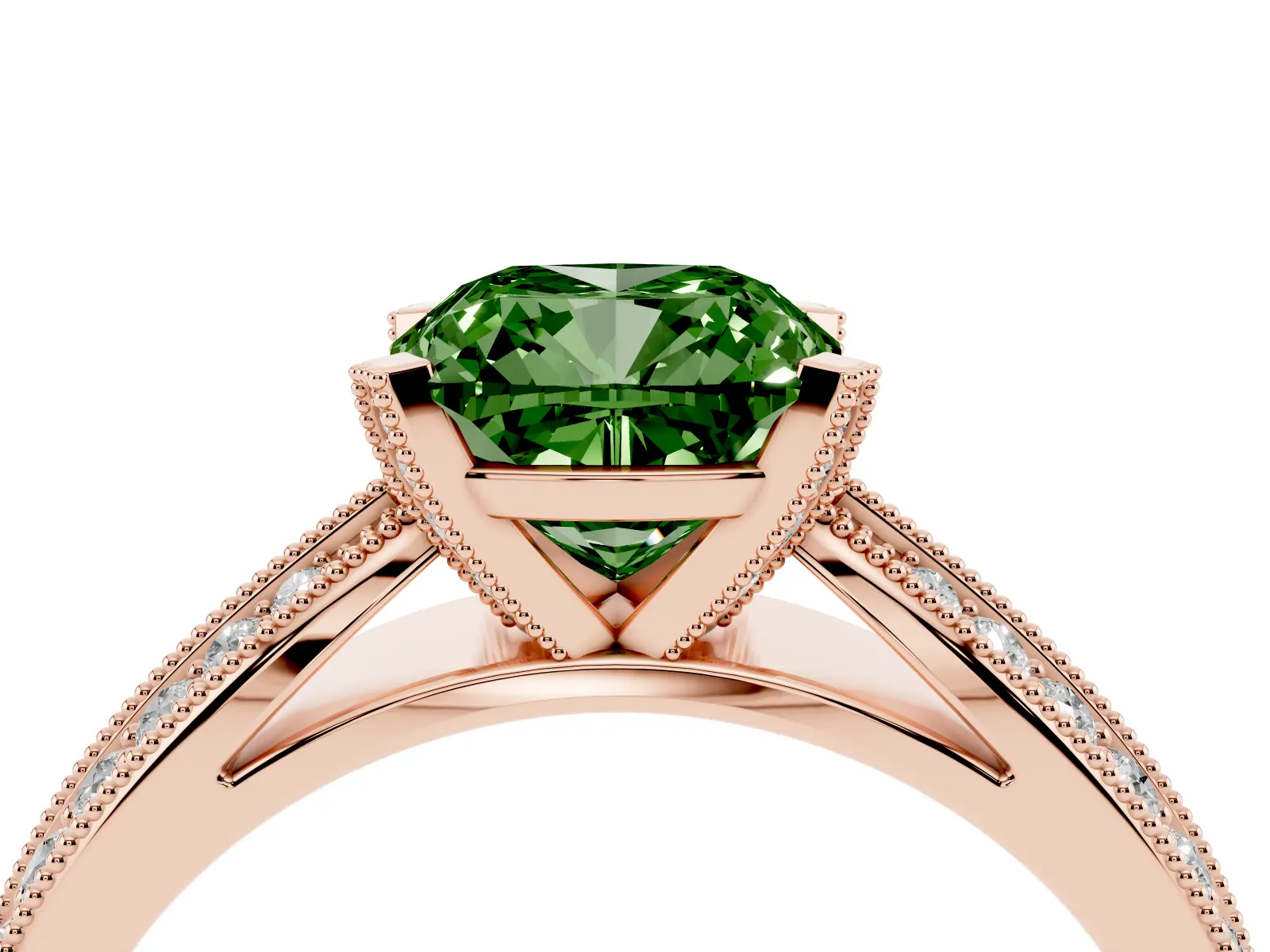 Fancy Green Cushion Cut Diamond Solitaire Ring with Milgrain Round Pavé Band and Prong Setting Rose gold