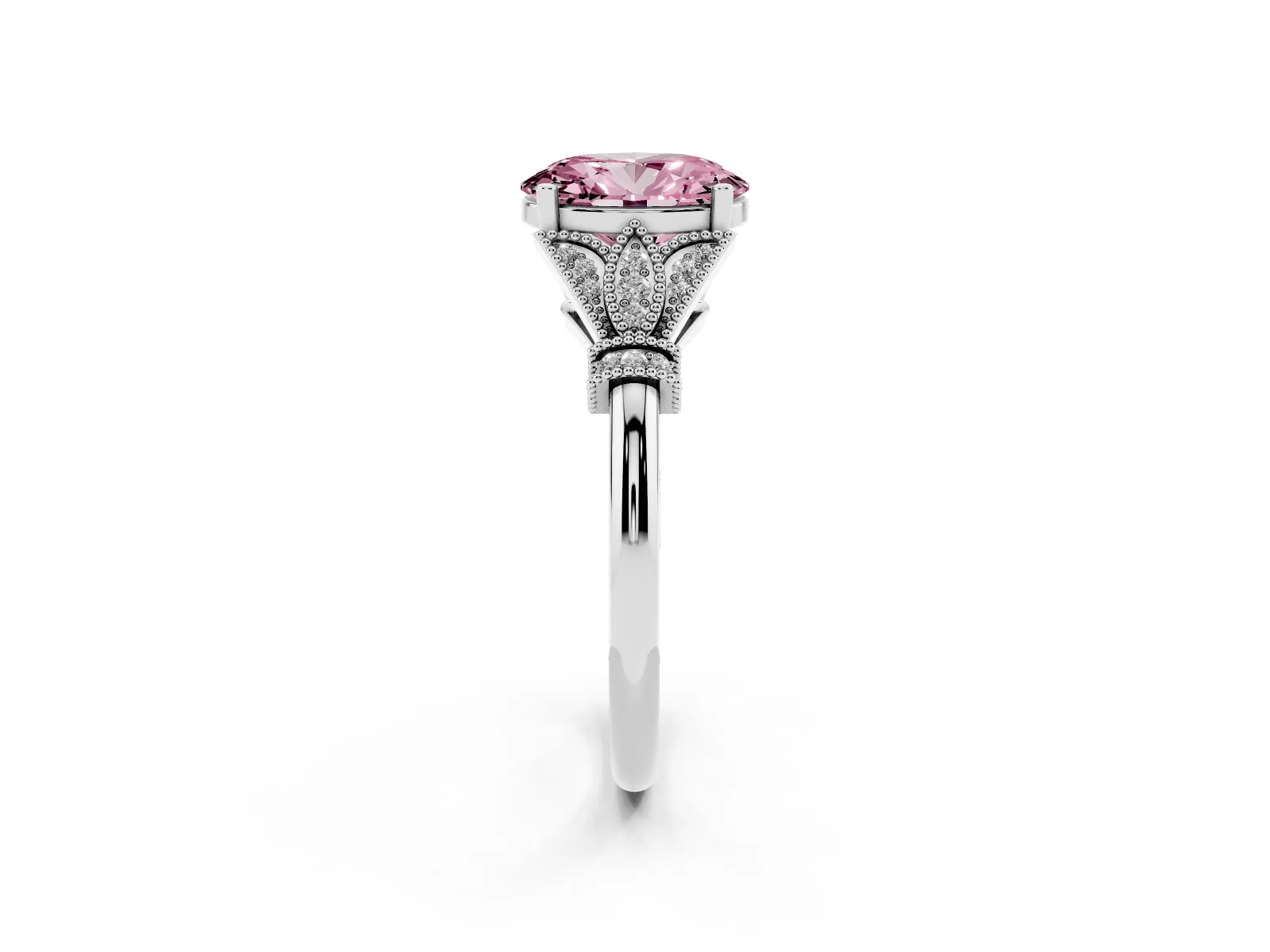 Fancy Pink Oval Cut Diamond Solitaire Ring with Floral Filigree and Pave Accents White gold