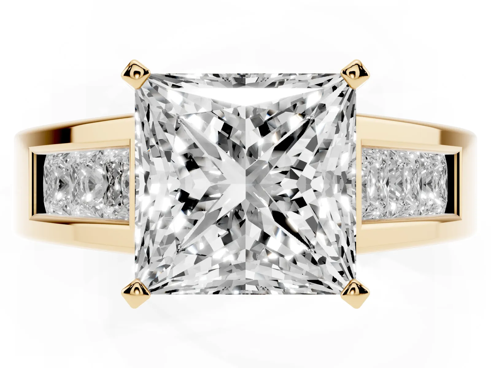 Princess Cut Cut Channel Set Solitaire Ring with Four-Prong Setting Yellow gold