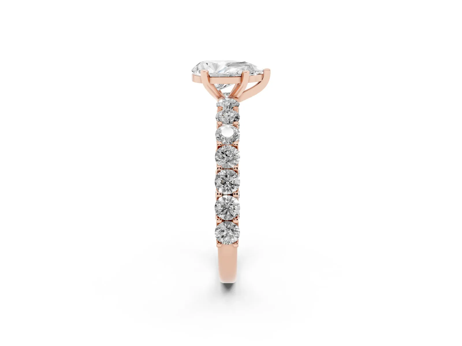 Pear Cut Diamond Solitaire Ring with Shared Prong Pavé Band and Four-Prong Setting Rose gold