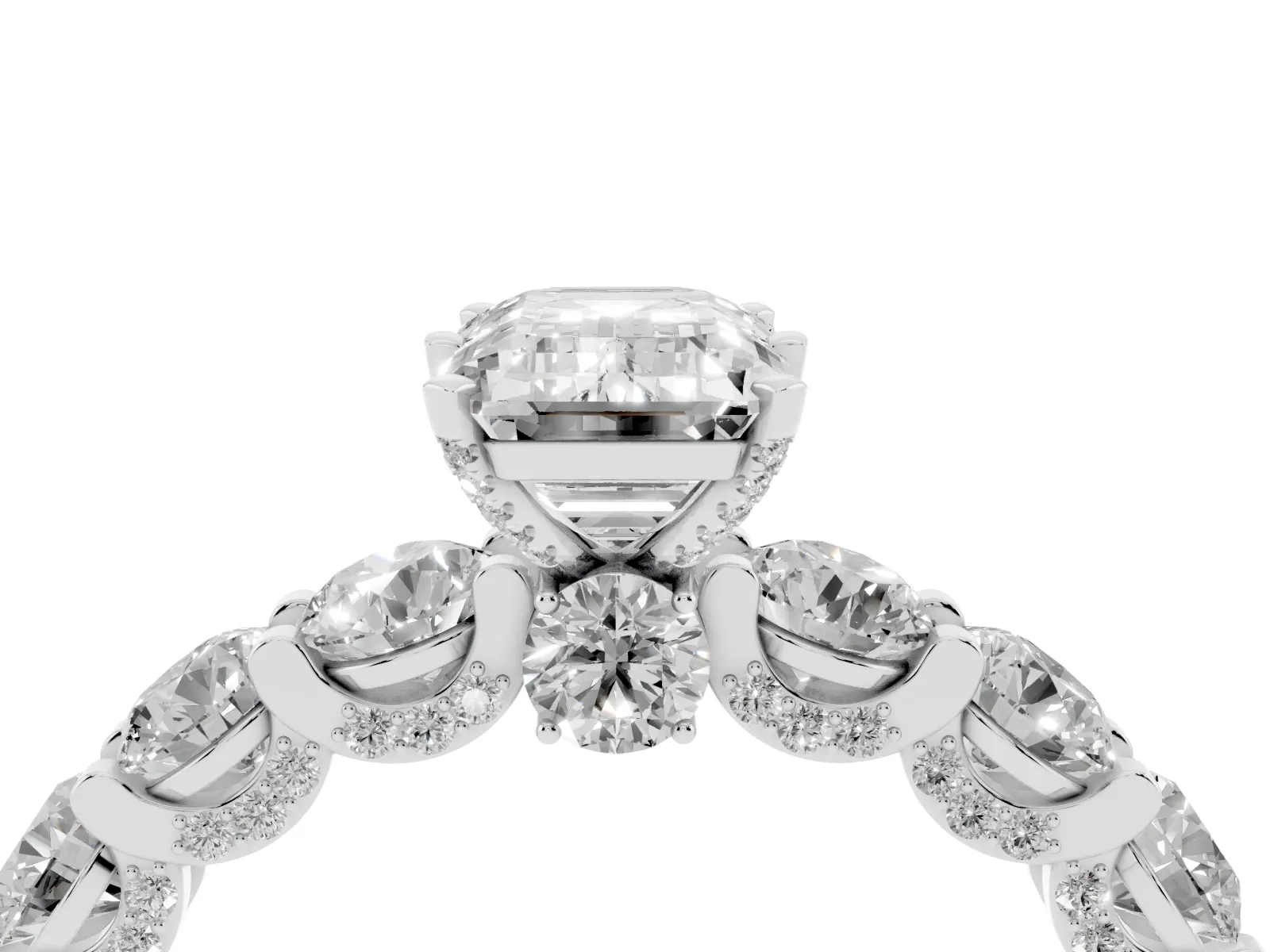 Emerald Cut Diamond Side Stone Engagement Ring with Four-Prong Setting Platinum