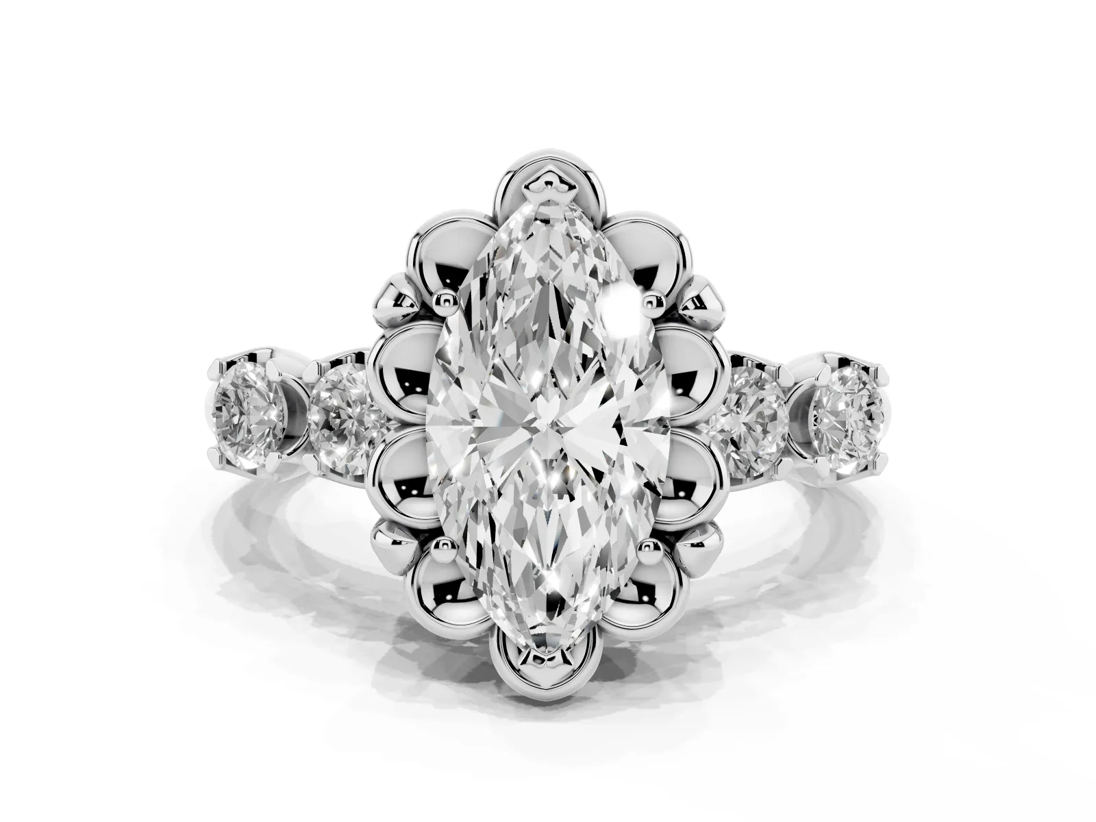 Marquise Cut Cut Diamond Floral Halo Engagement Ring with Shared Prong Setting Platinum