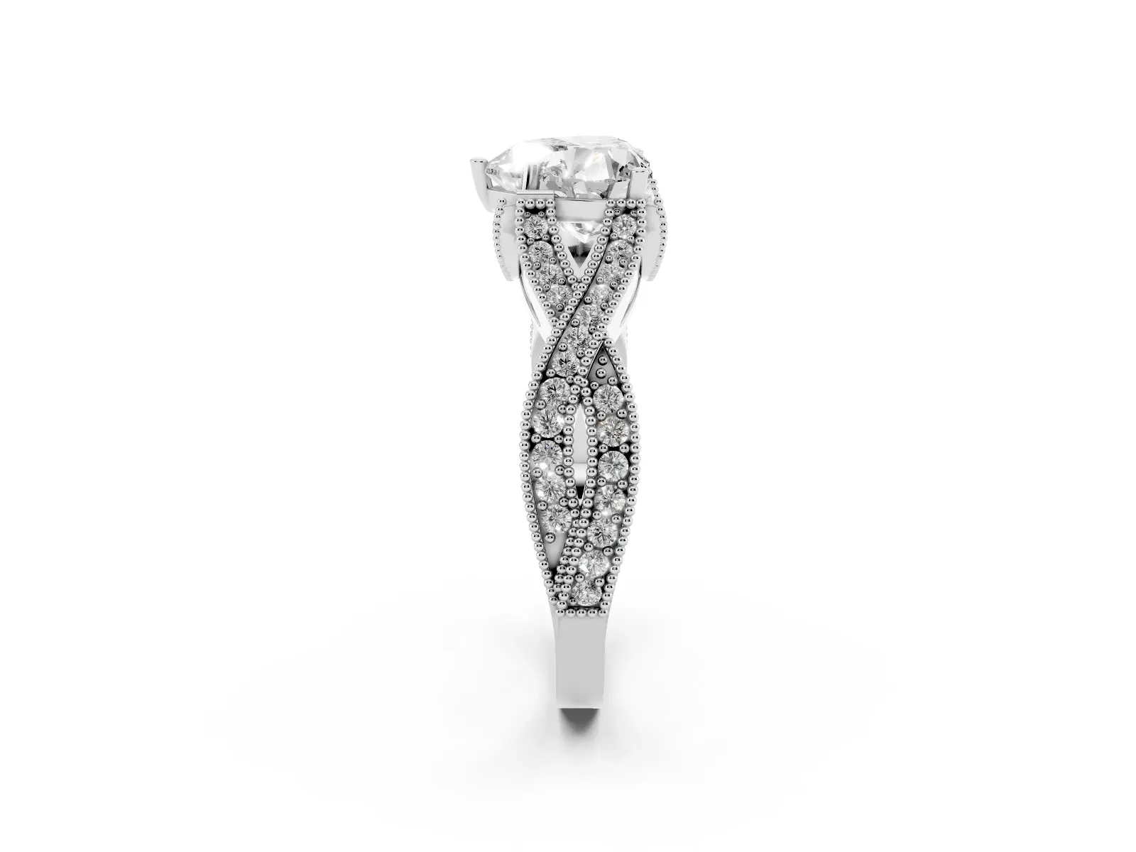 Heart Cut Cut Diamond Twisted Band with Milgrain Pave Setting and Four-Prong Setting Platinum
