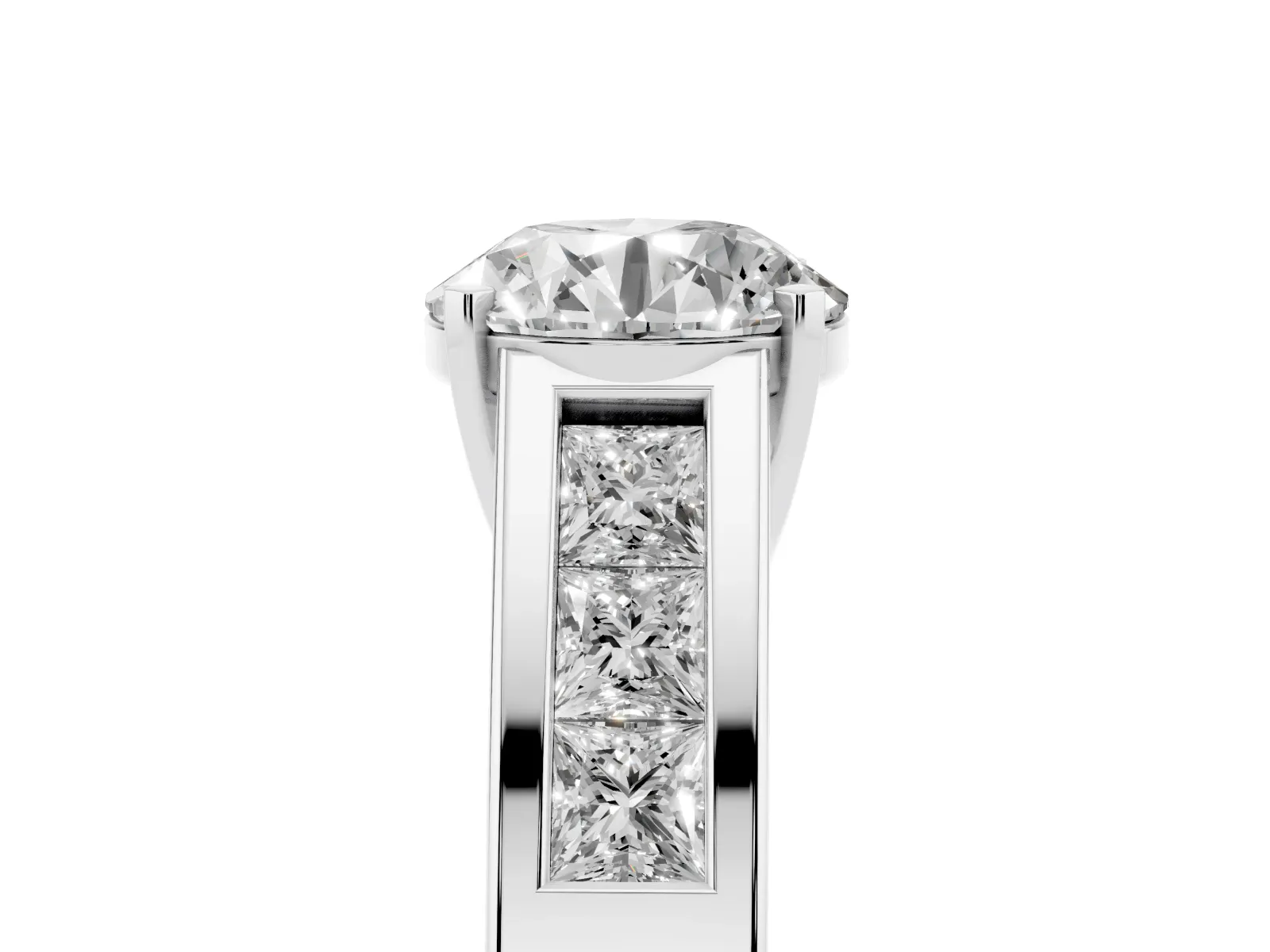 Round Cut Cut Channel Set Solitaire Ring with Four-Prong Setting Platinum